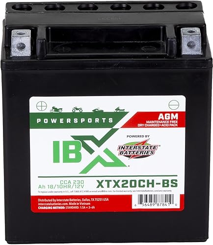 Interstate Batteries YTX20CH-BS - Batería para deportes motorizados de 12 V 18 Ah 230CCA AGM, repuesto recargable para motocicletas, cuatrimotos,