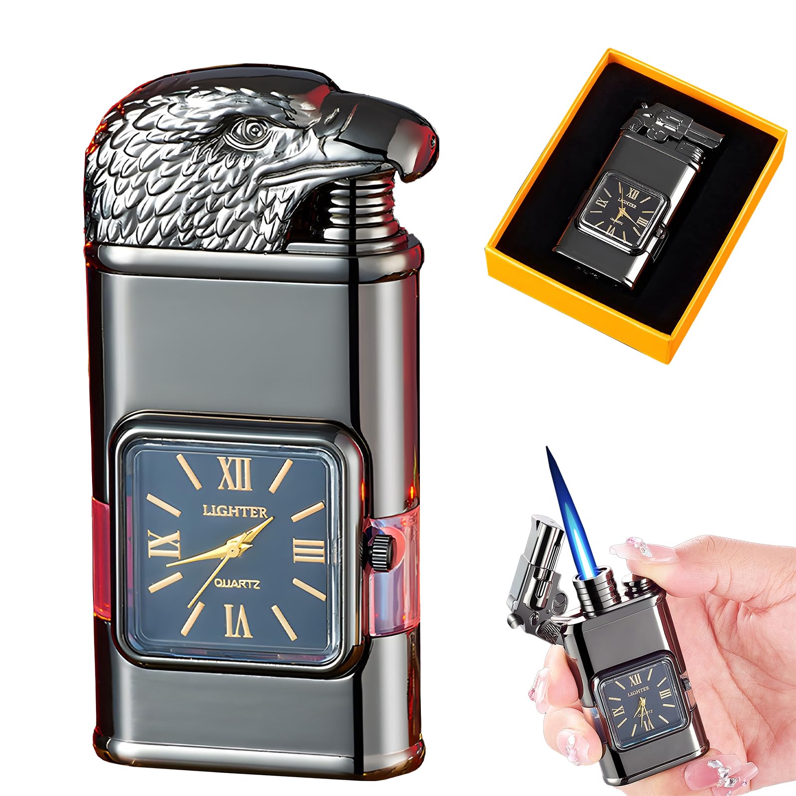 Windproof Lighter Vintage Watch Bezel Jet Flame Torch,Lighter (Black-C)