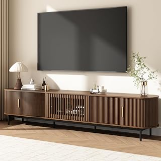 Awescuti 94.5" Mid Century Modern TV Stand for 85-100" TV, Entertainment Center with Sliding Doors & Adjustable Shelves, Large Storage Media Console for Living Room, Bedroom, Assembly Required, Walnut
