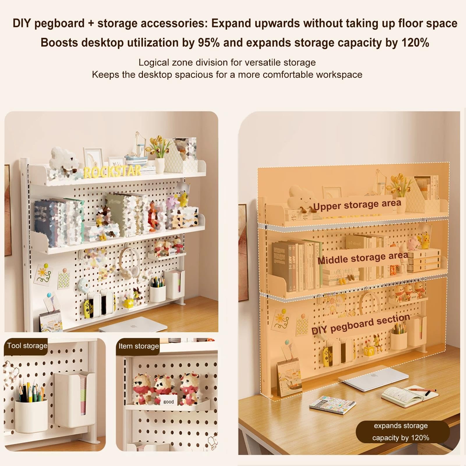 Alzata per Scrivania con Pannello Forato E Scaffale Organizer
