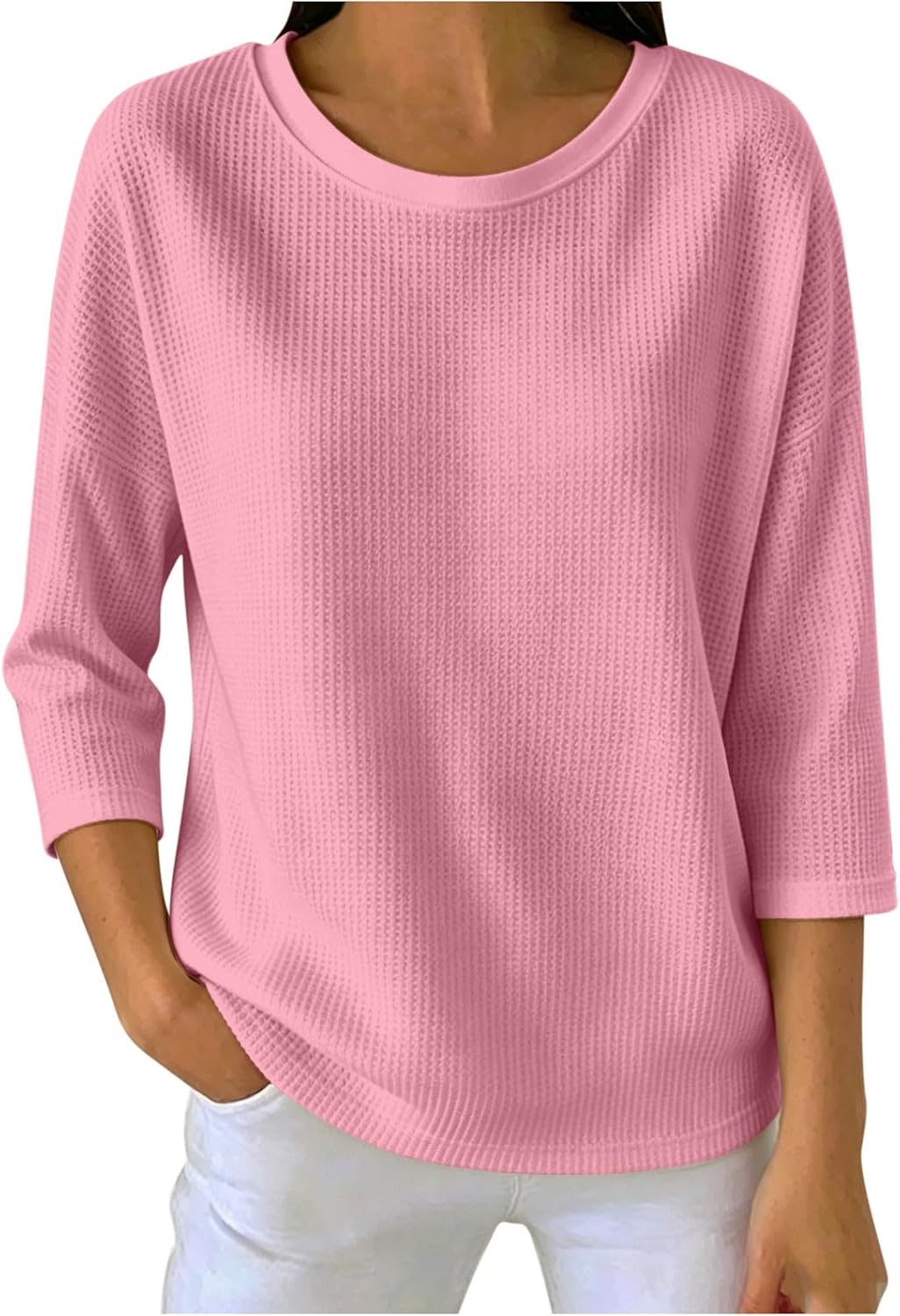 3/4 Sleeve Tops for Women Basic Crew Neck Spring Blouses Casual Loose Fit Fall Fashion Solid Color Shirts Clothing