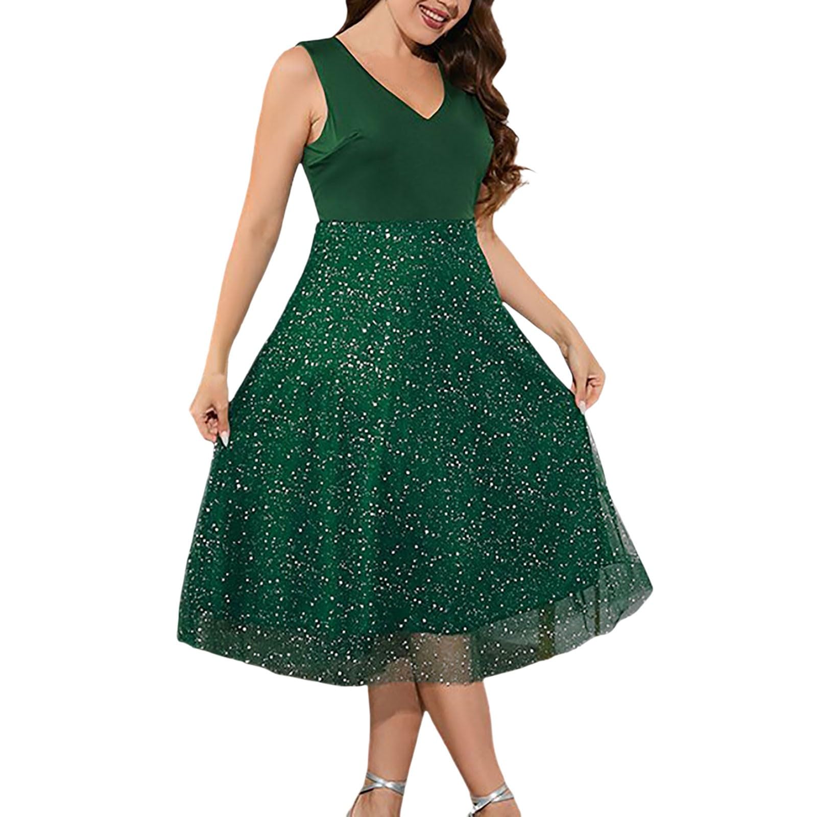 Generic Vestidos Flecos Mujer Malla con Lentejuelas y Escote Alto y bajo para Mujer, Vestido de Noche para graduación Vestidos Corto Mujer Casual