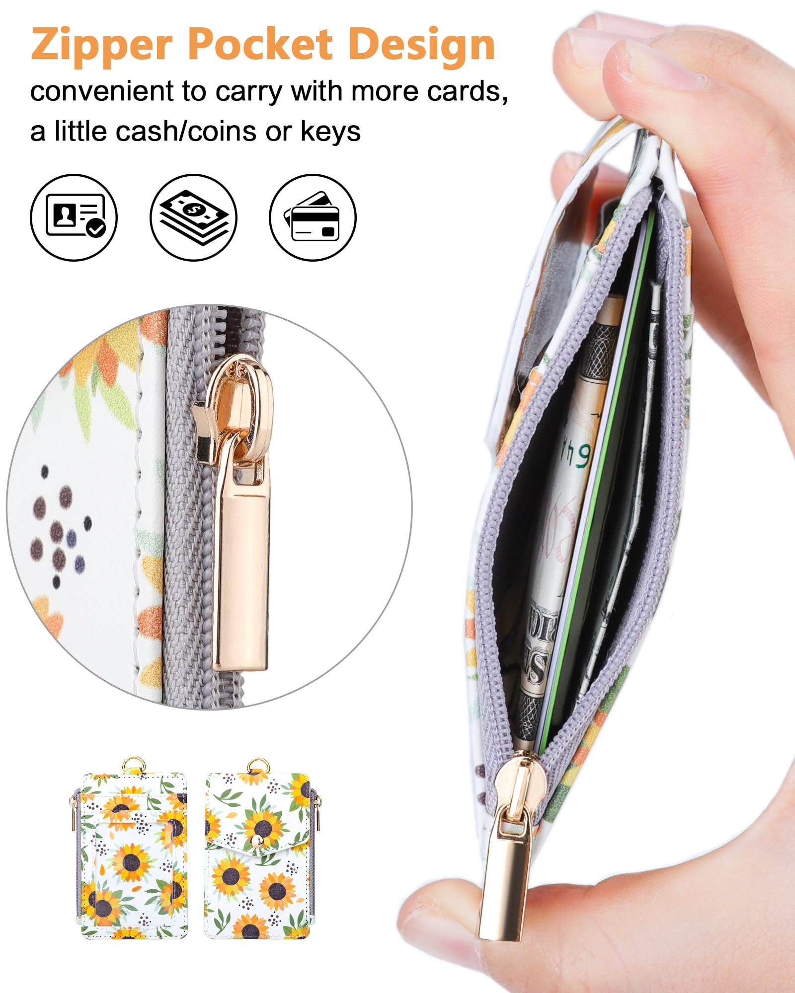 Teskyer Retractable Sunflower Lanyard with Card Holder, Badge Holder with Zipper Pocket, Holds 4 Cards, with Clear Window - Image 4