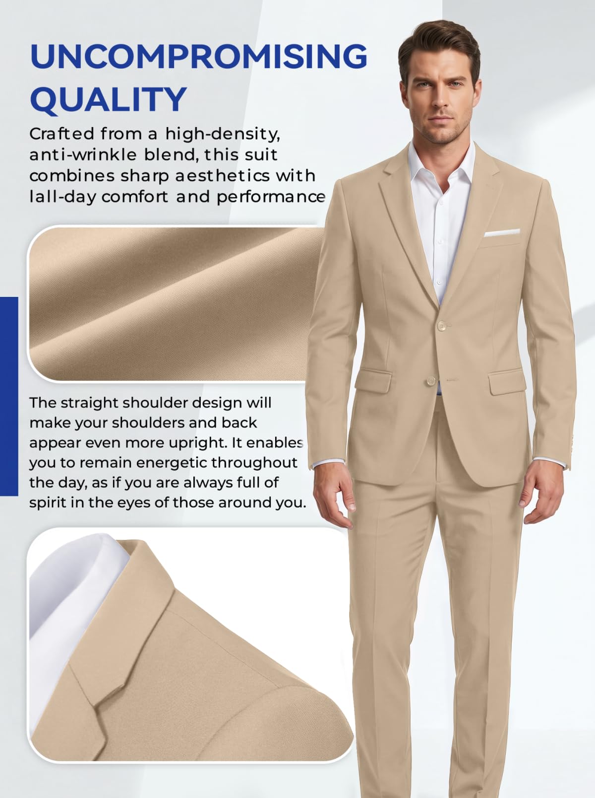 Costume 2 pièces pour homme, veste à deux boutons et pantalon, coupe ajustée, pour un mariage, le travail, un bal de fin d'année, uni