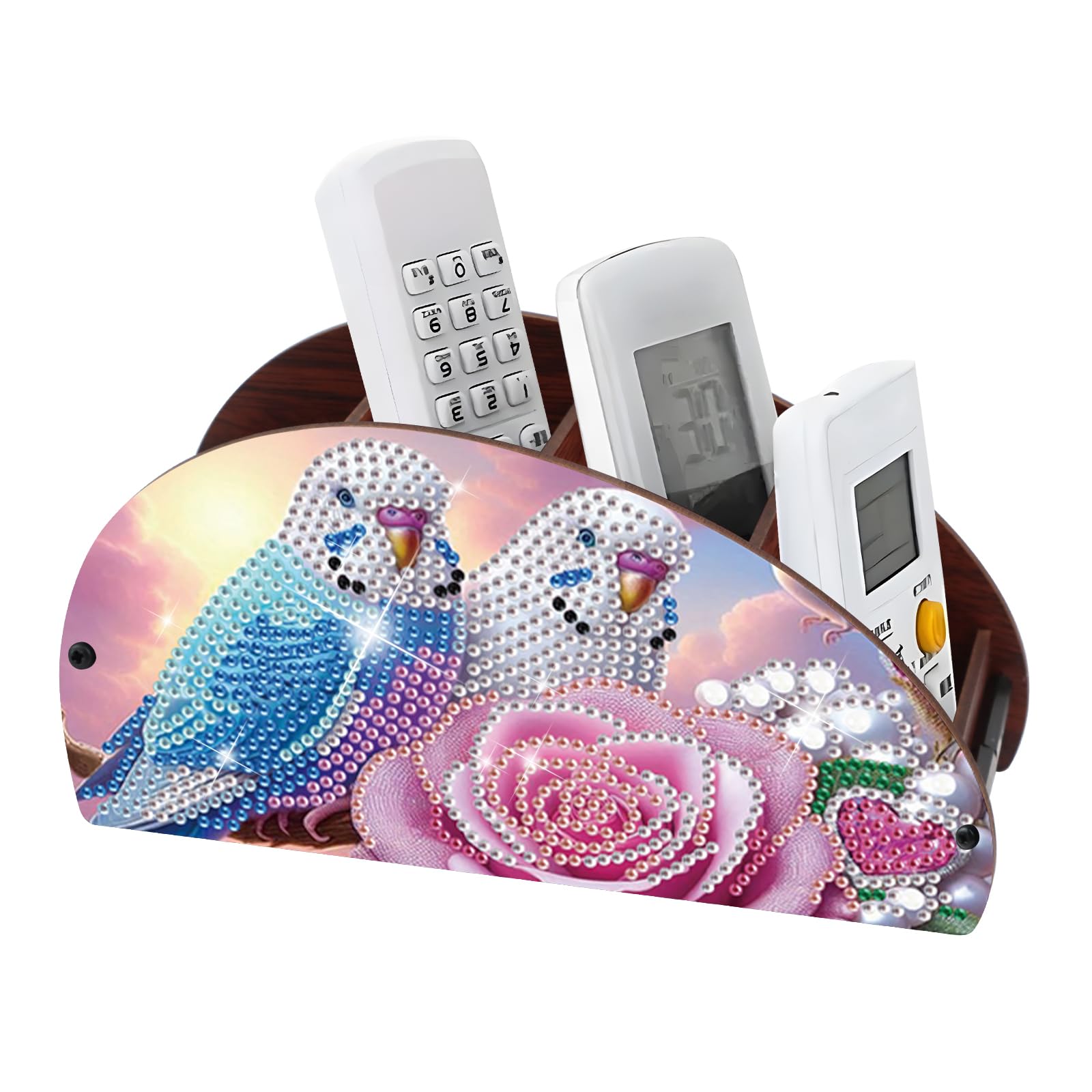 DIY Diamond Painting Tabletop Holder Lovebirds and Rose Design Handmade 5D Diamond Art Storage Box for TV AC Remotes Makeup Brushes Office Desktop Craft Valentine's Day Gift