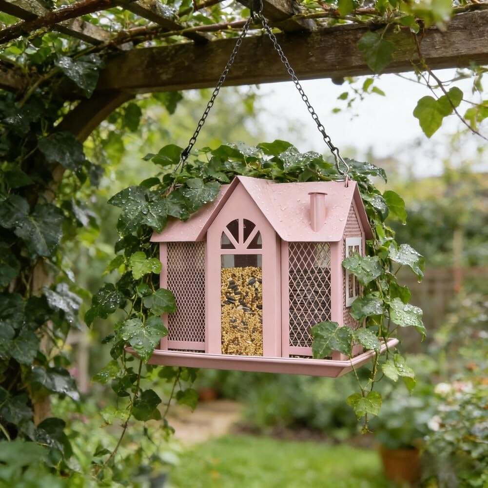 ZYNCUE Comedero solar de metal para pájaros, para jardín, a prueba de ardillas, estación de alimentación colgante para pájaros con luz LED impermeable, decoración de patio al aire libre, amantes de la