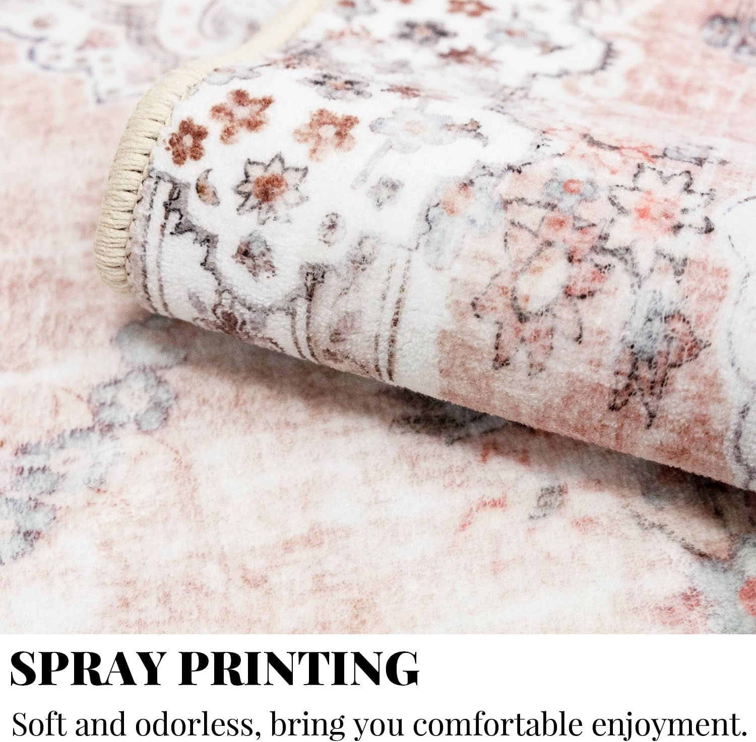 MUJOO Pink Round Rug 4ft,Circle Washable Area Rugs for Bedroom Living Room Bathroom,Boho Small Non Slip Circular Carpet,Blush Floral