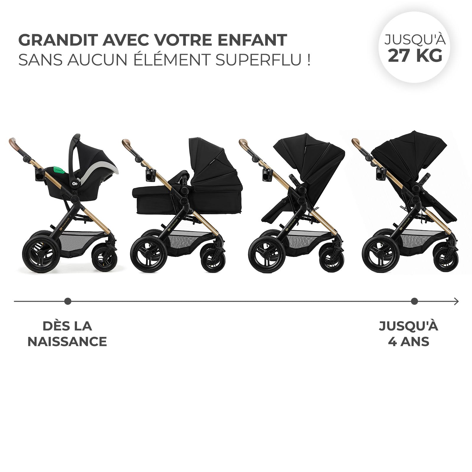 Kinderkraft MOOV XL 3 en 1, Poussette jusqu'à 27 kg, Landau, Avec siège I-SIZE 40-75 cm, Pliable, Absorption des chocs, Convertible, Nacelle XL, Avec accessoires, Noir