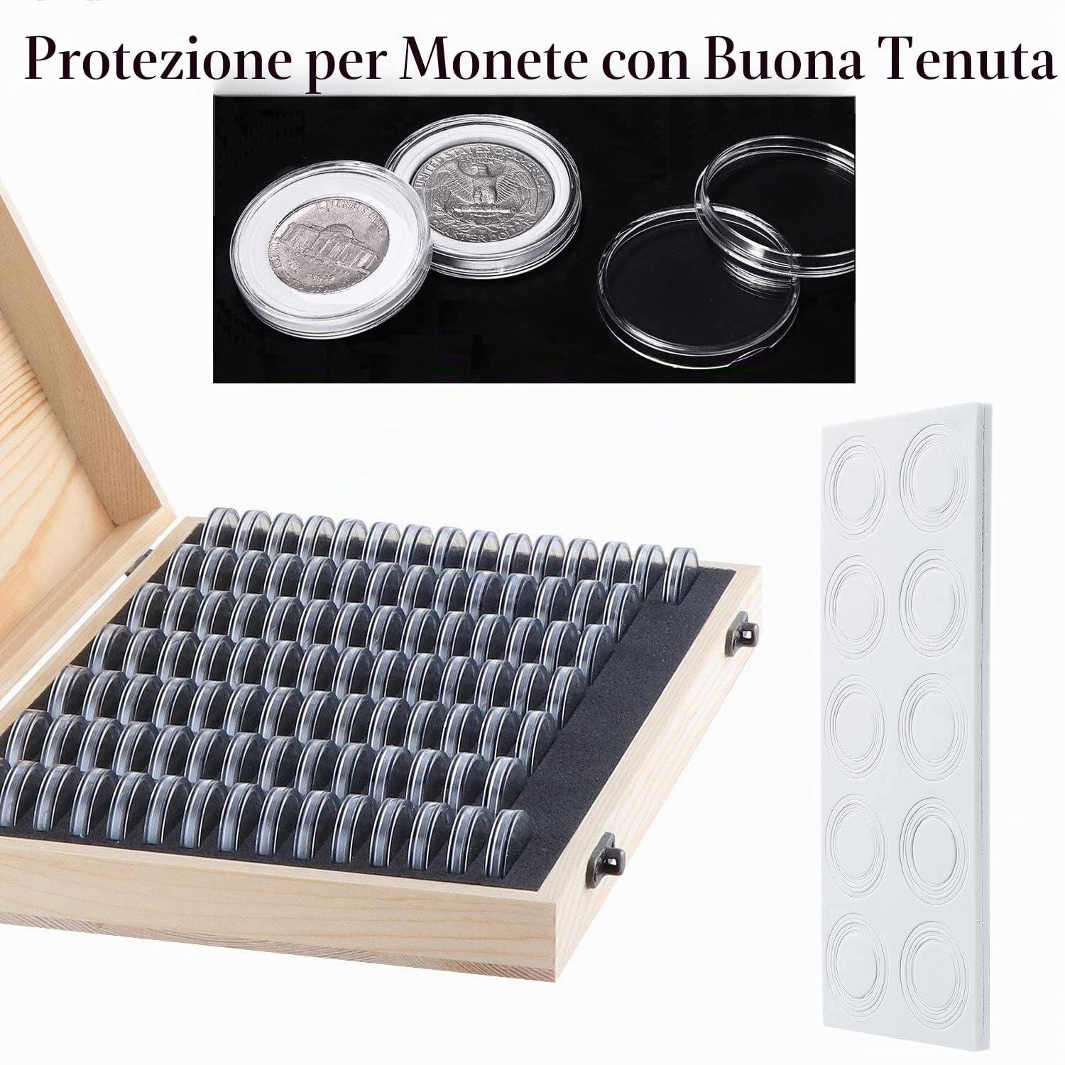 Kyrio - Scatola portamonete in legno, può contenere 100 monete, organizer con capsule rotonde in plastica, per collezionisti di monete, 18 mm / 21 mm / 25 mm / 27 mm / 30 mm