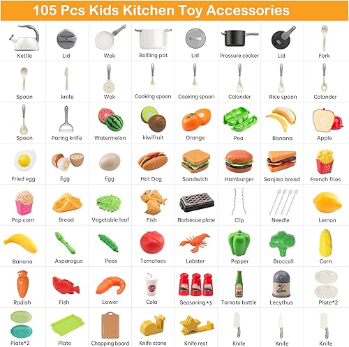 Vista 2 de 105Pcs Kids Kitchen Toy Accessories, Toddler Pretend BBQ Camping Cooking Playset, Play Pots, Pans, Utensils Cookware Toys, Play Food Set, Blanco