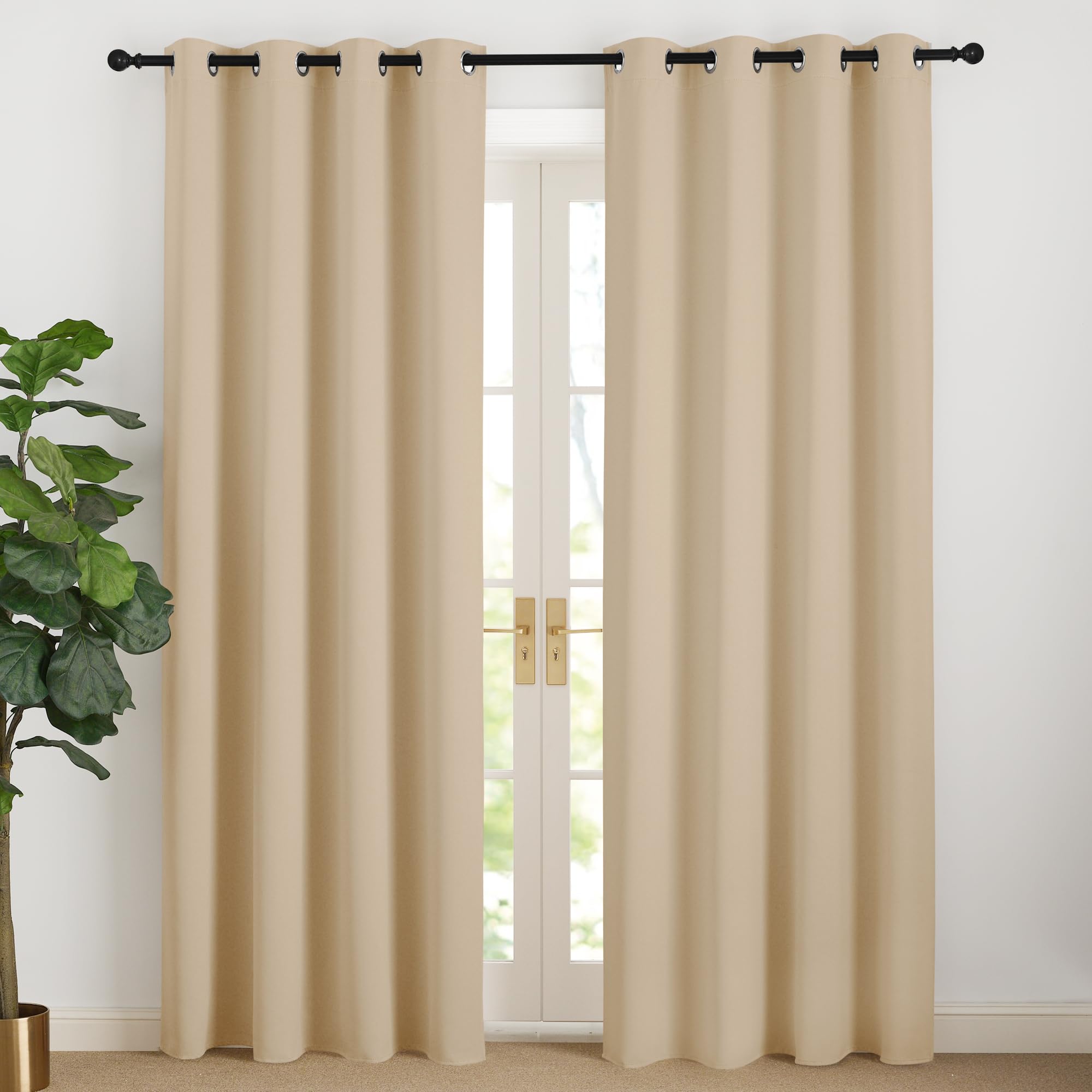NICETOWN Opaque Beige Thick Curtain Against Cold Curtains, 200 cm Long Opaque Curtains with Eyelets, Living Room, Modern, Set of 2, Biscotti Beige, H 200 x W 140 cm