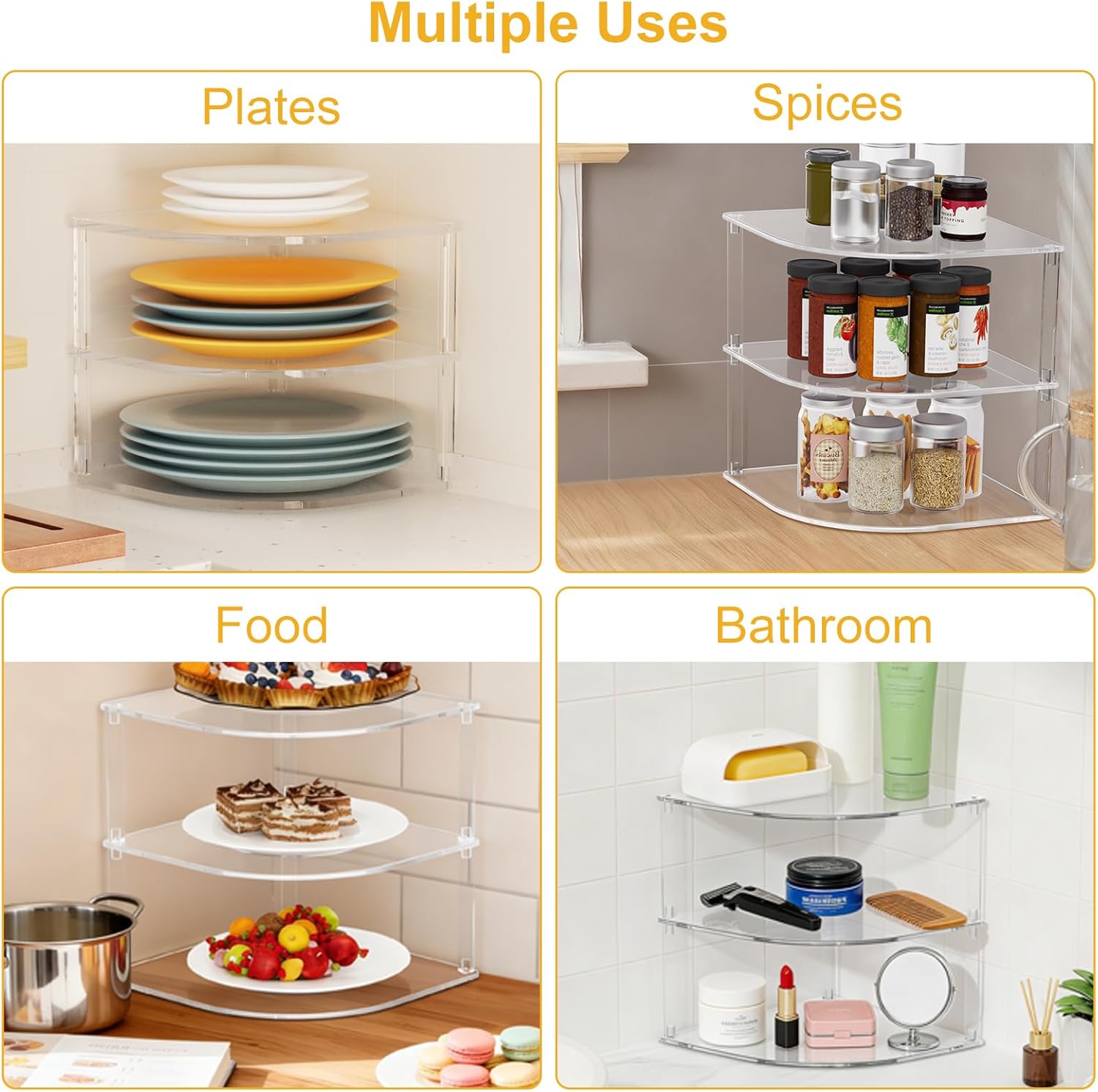 2 Pack Acrylic Plate Organizer for Cabinet, Corner Kitchen Cabinet Countertop Dish Organizer Shelf Kitchen Plate Rack Holder for Plates, Dishes, Bowls