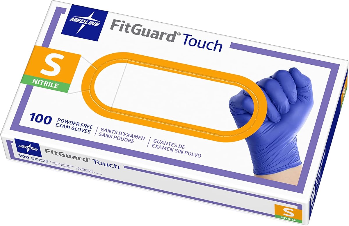 Medline FitGuard Touch Guantes de examen de nitrilo, 100 unidades, pequeños, sin polvo, desechables, no fabricados con látex de caucho natural, excelente sentido del tacto para tareas médicas, duraderos para tareas domésticas