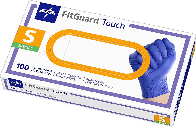 Medline FitGuard Touch Guantes de examen de nitrilo, 100 unidades, pequeños, sin polvo, desechables, no fabricados con látex de caucho natural, excelente sentido del tacto para tareas médicas, duraderos para tareas domésticas