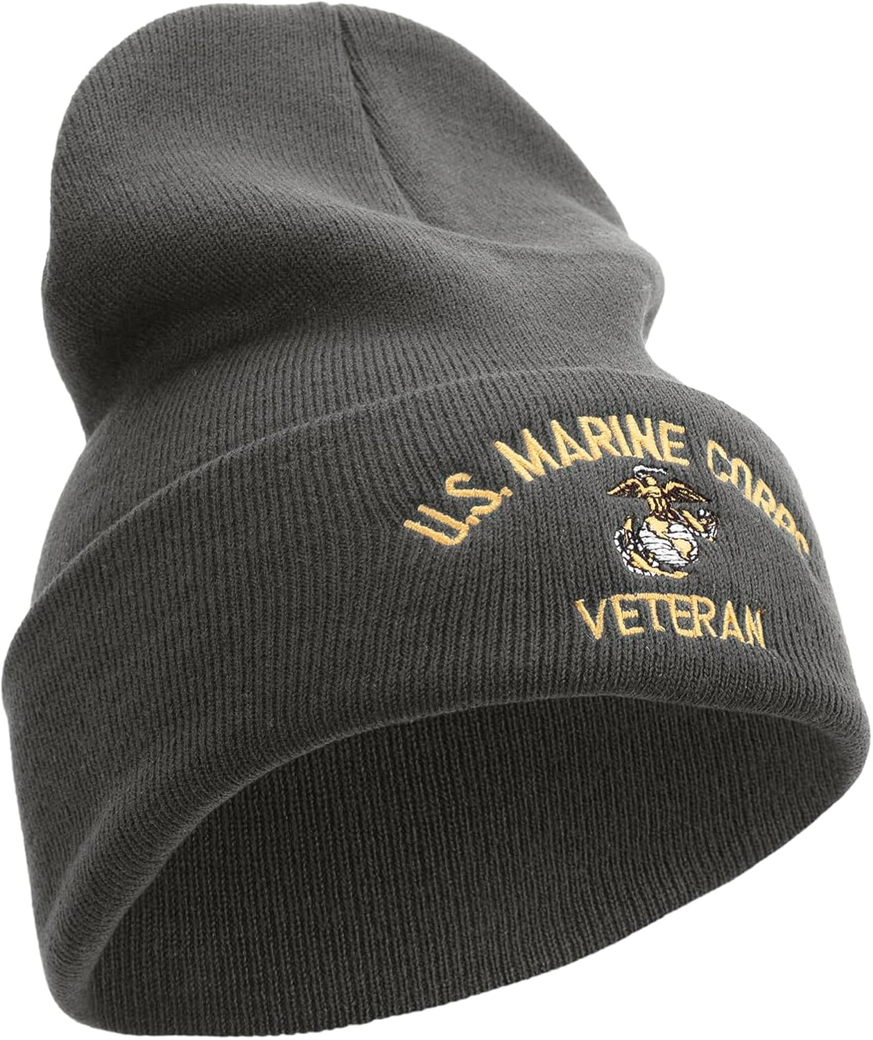 US Marine Corps Veteran Logo Embroidered 12 Inch Solid Knit Cuff Long Beanie Made in USA