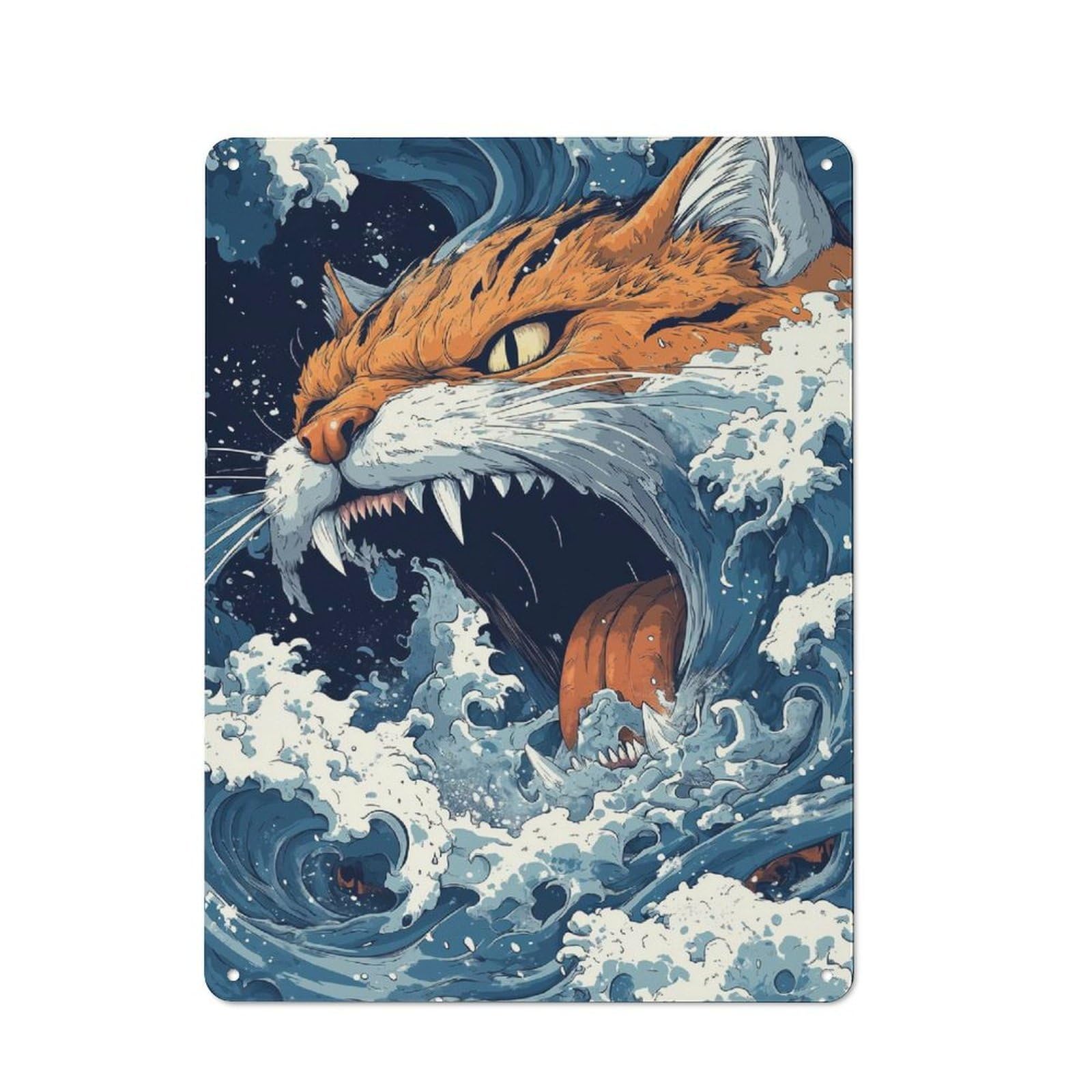 Vintage Metal Plaque 40x30cm Featuring Cat in The Waves, Diner Style Decor for Restaurant, Kitchen, Counter Or Breakfast Nook