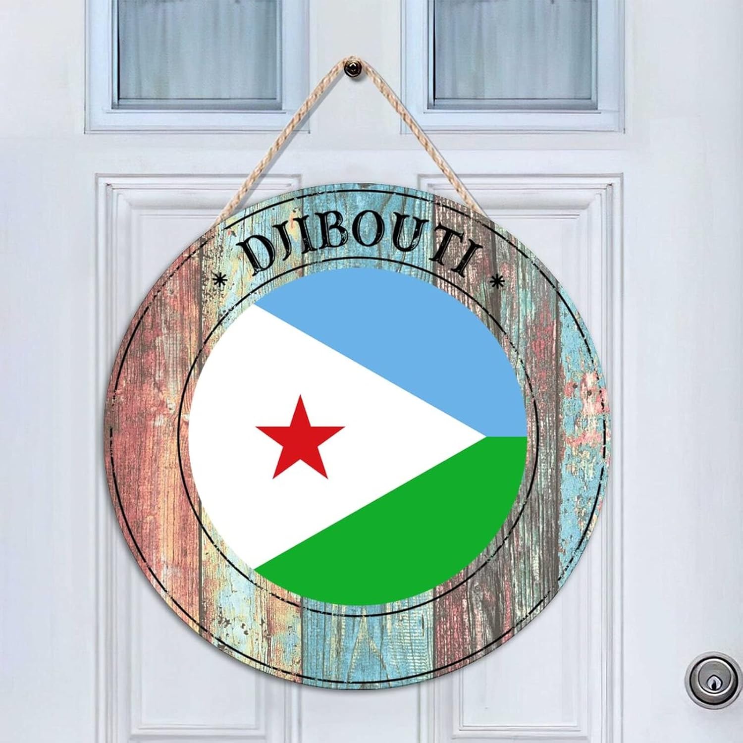 Cheyan 18"x18" Djibouti Door Sign for Front Door Farmhouse Decor Round Wooden Sign Rustic Door Hanger Home Decoration, Djibouti Flag