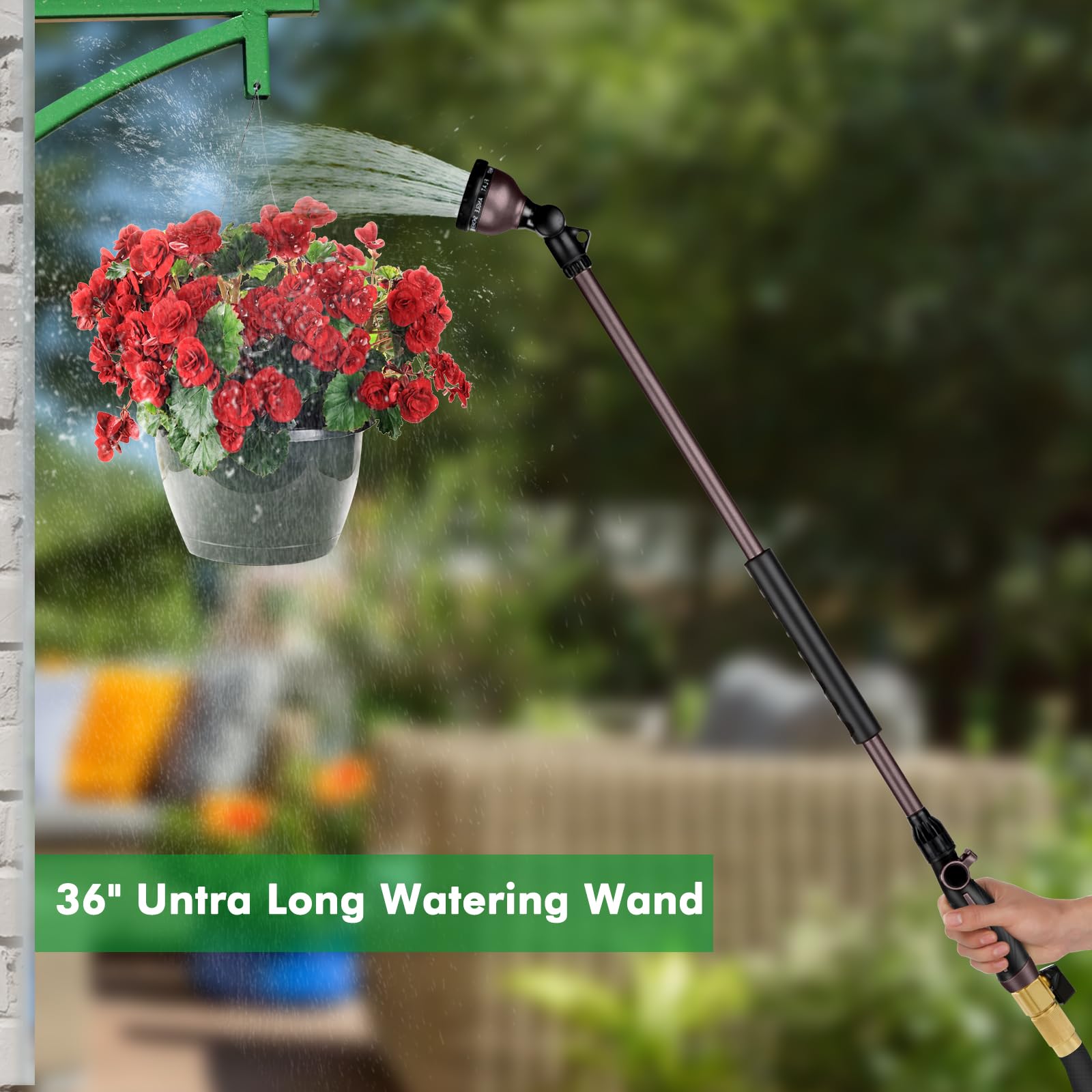 RESTMO Bacchetta per irrigazione lunga 91,4 cm, testa girevole a 180°, in metallo, con 10 modalità di spruzzo, ugello per tubo resistente da 91 cm, con controllo del flusso del pollice, ideale per
