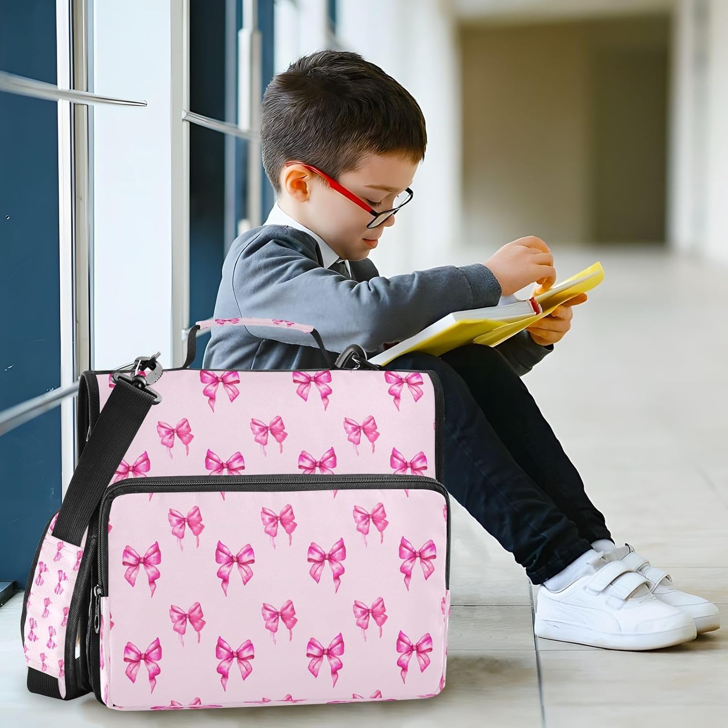 Bow Zipper Binder 1.5 inch 3 D-Ring Binder with Shoulder Strap Multiple Pockets Expanding File Folder for Office 500 Sheets Capacity