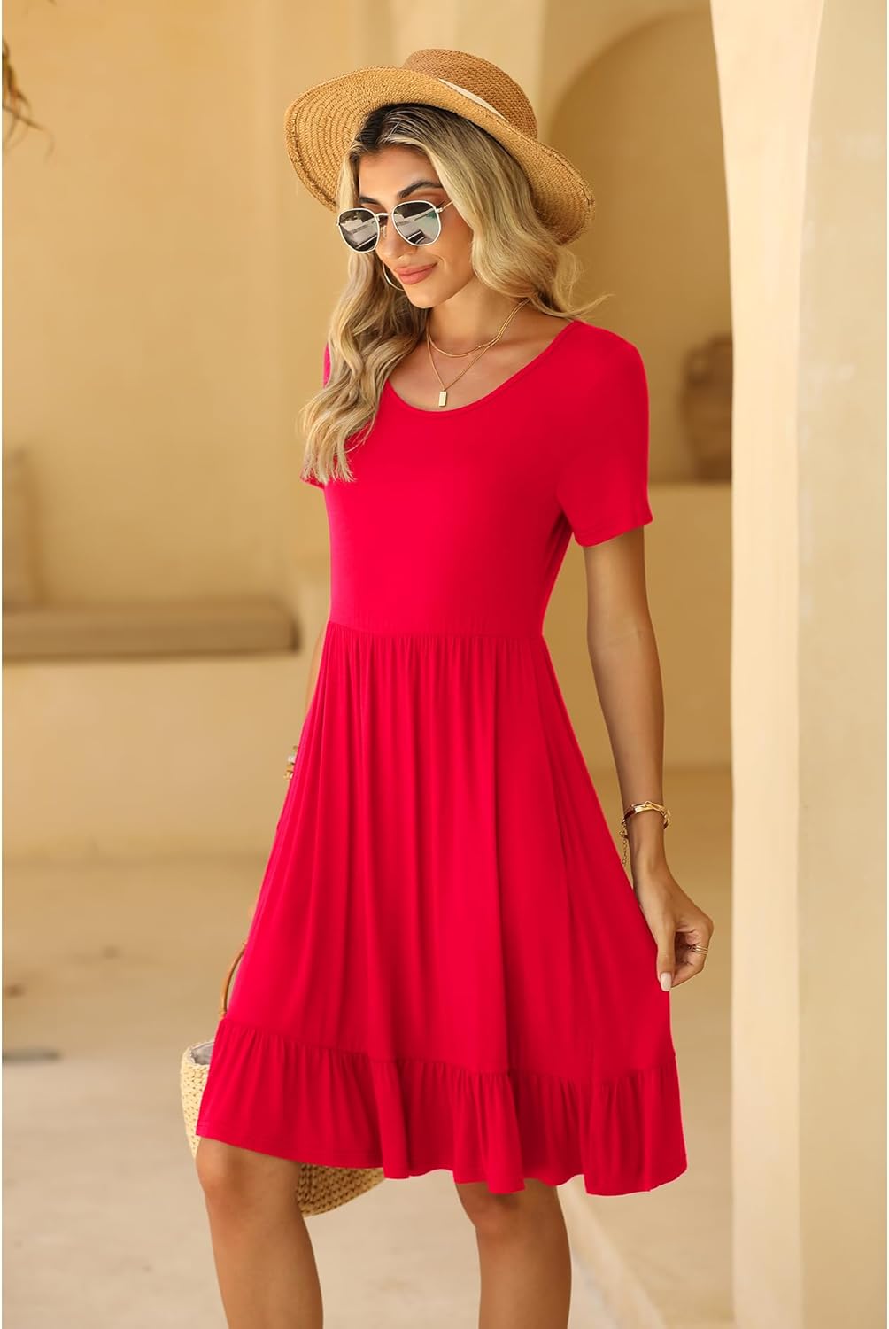 LILBETTER Round Neck Knee Length Dress for Women with Pockets Casual Summer Short Sleeve Pleated Ruffle Hem Short Dress - Image 4