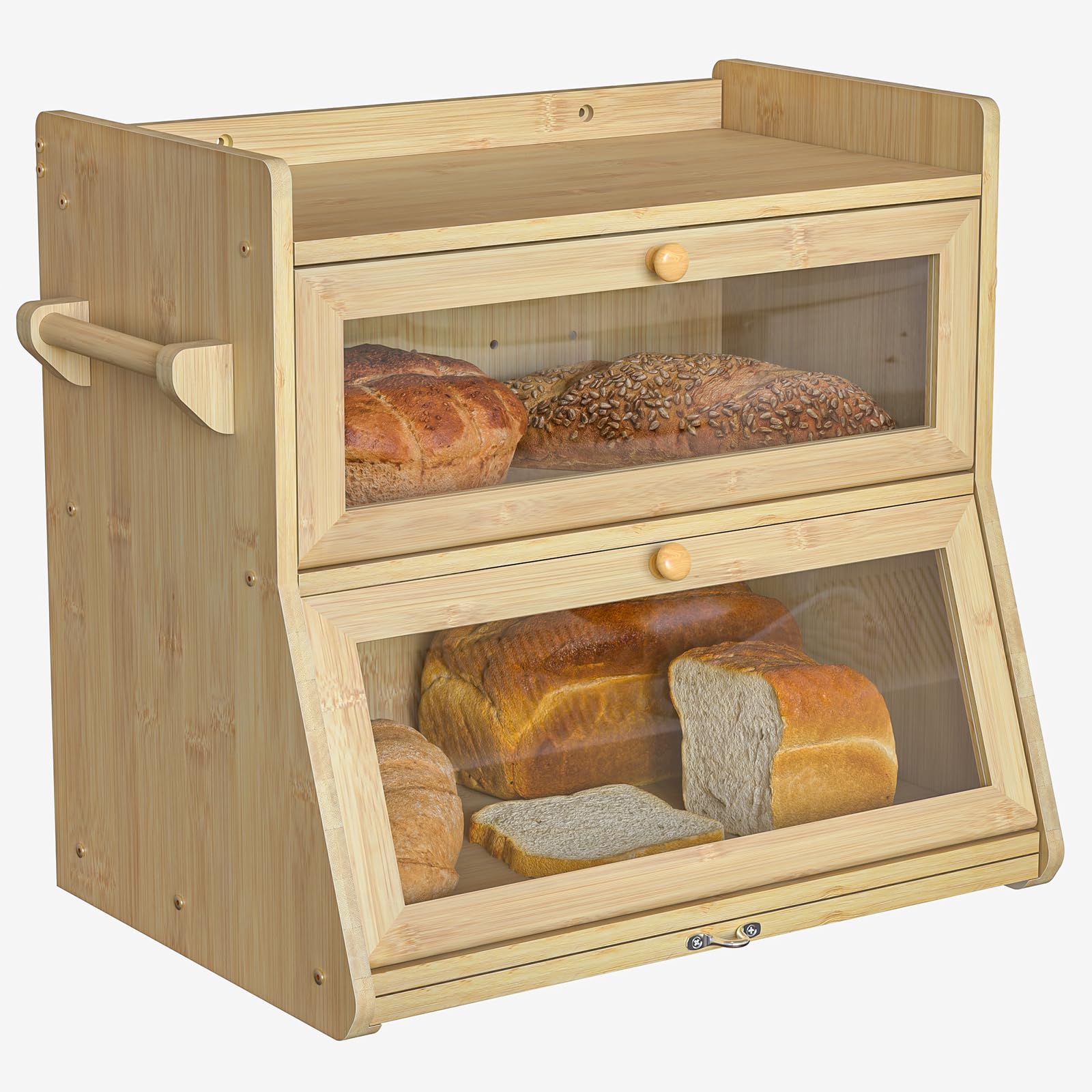 Boîte à pain en bambou, Bois Grande Capacité Boîte Avec planche à découper Boîte de rangement, Pour pain, pain grillé, Huche a Pain pour Cuisine Countertop Double Couche Empilable