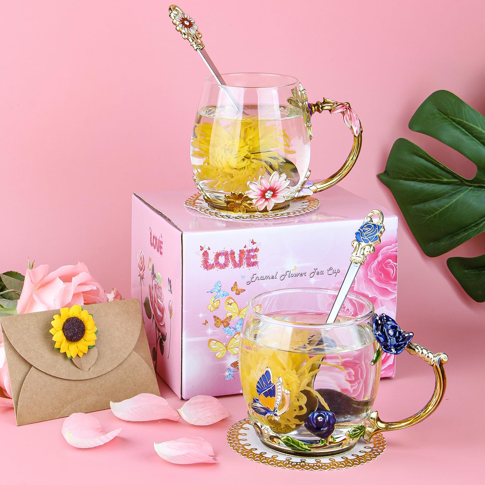 Regalo Donna Compleanno Natale Tazza Da Tè Vetro Con Fiori 3D - Regalo Elegante Per Donna, Mamma, Compleanno E San Valentino Tazza Vetro 3D Fiori