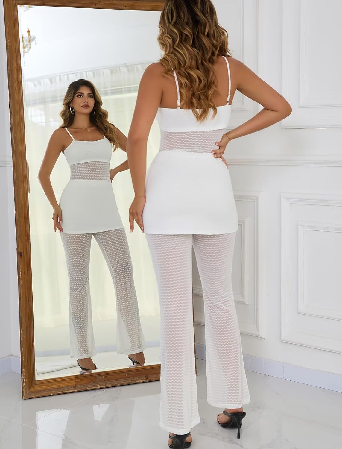 Women's See Through Lace 2 Piece Outfit Sheer Mesh Sleeveless Tube Top and Bodycon Flare Pants Sets Outfit Clubwear - Image 5