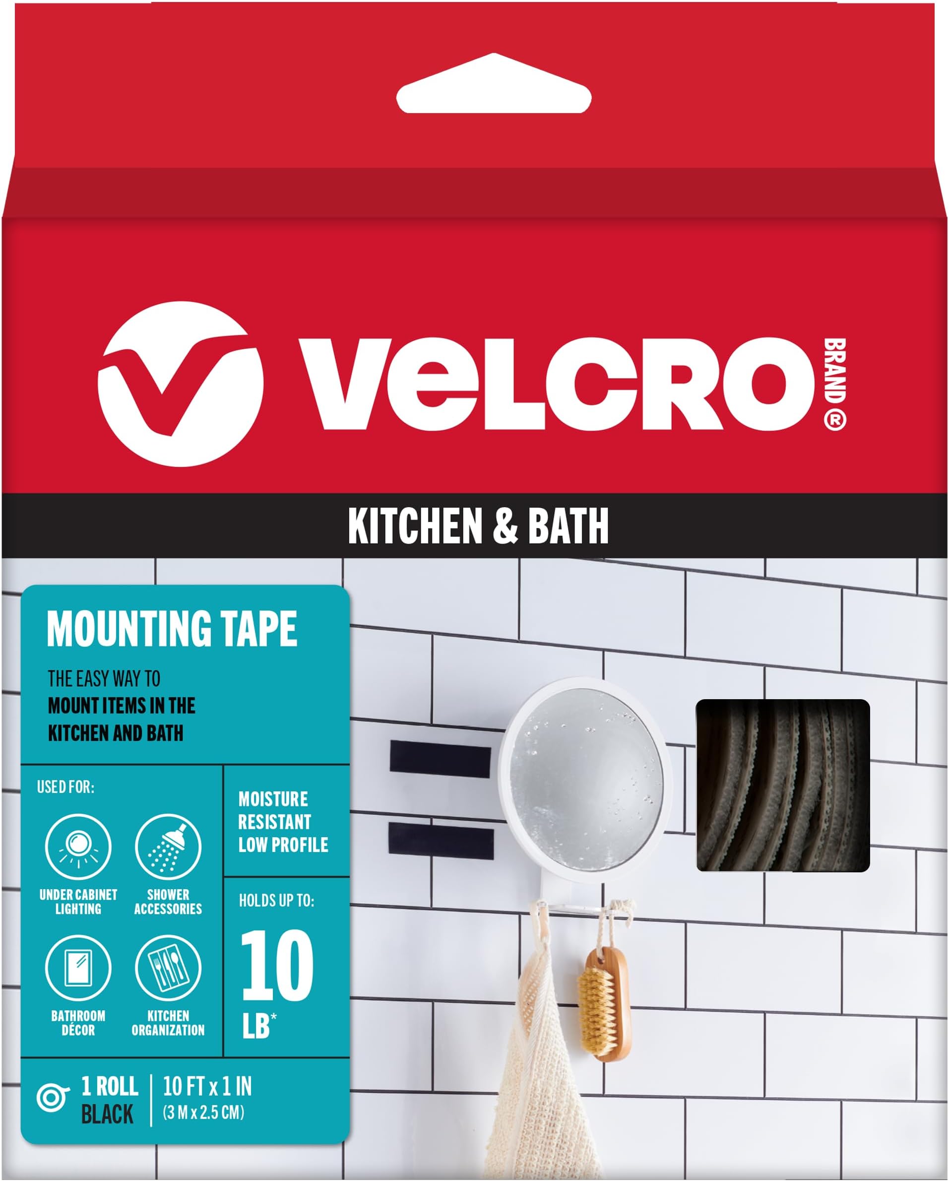 Kitchen and Bath Mounting Tape. Moisture Resistant Thin Design for Flush Mount. 10ft Heavy Duty Roll Holds 10 pounds. Easy Peel and Stick Application, Black