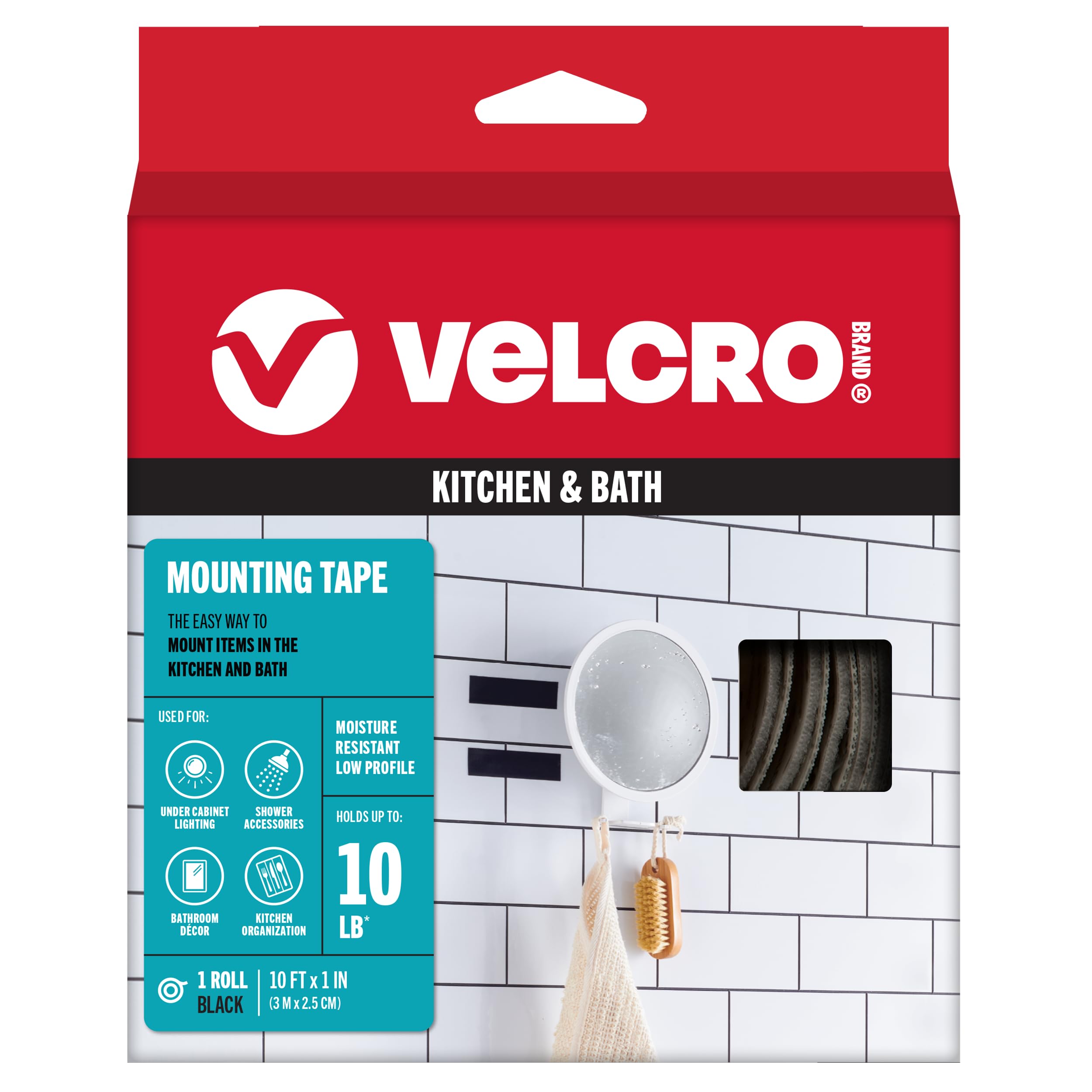VELCRO Brand Kitchen and Bath Mounting Tape. Moisture Resistant Thin Design for Flush Mount. 10ft Heavy Duty Roll Holds 10 pounds. Easy Peel and Stick Application, Black