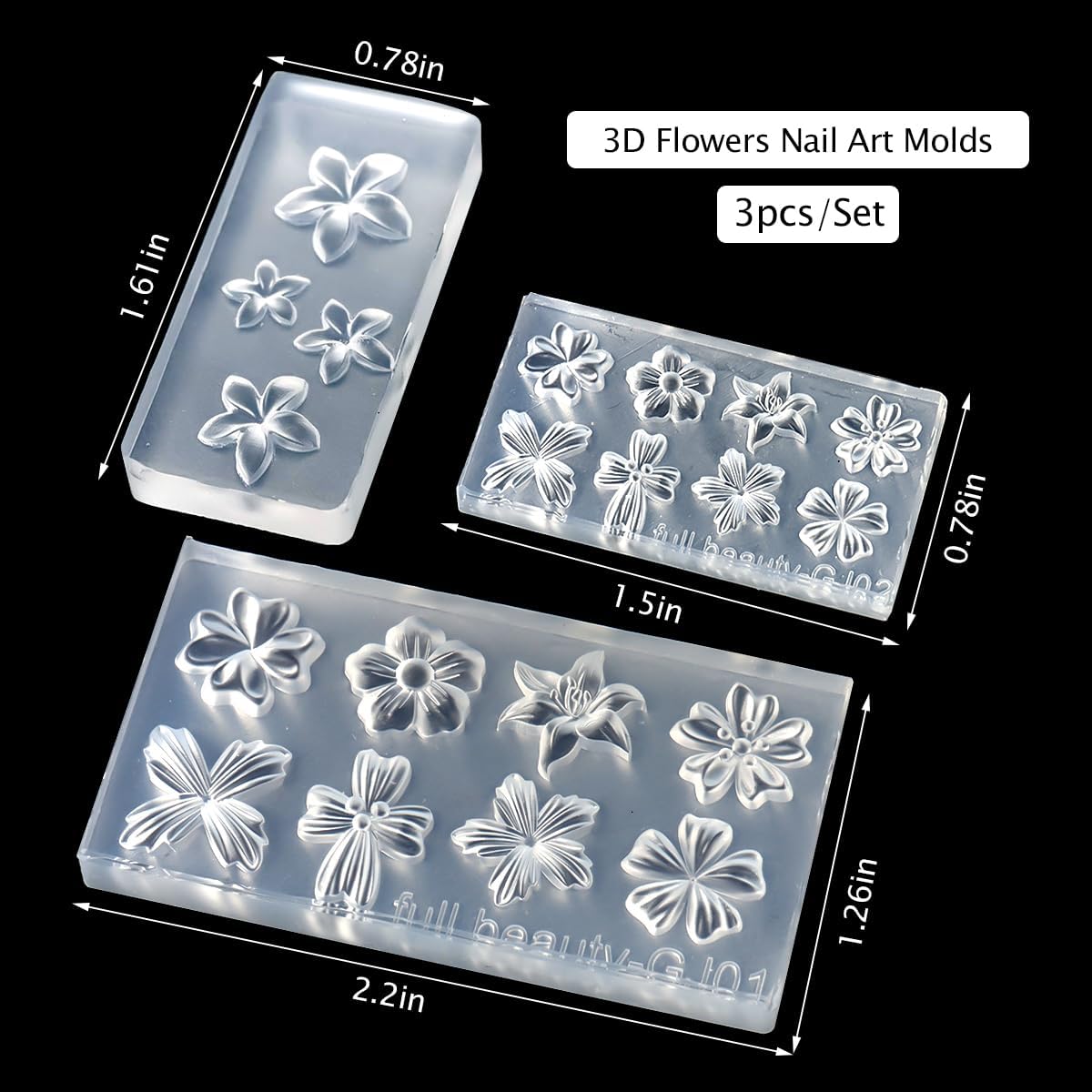 Silicone Nail Art Molds, 3PCS 3D Flowers Nail Charm Molds Lily Hibiscus