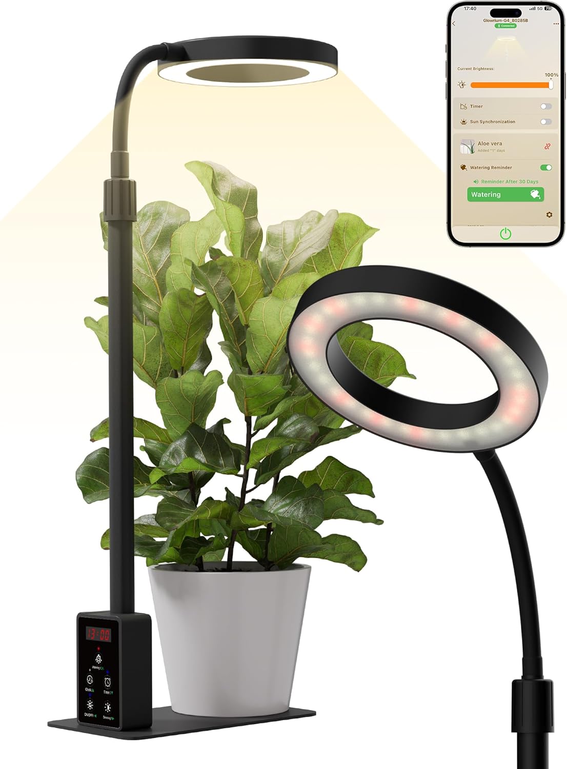 GLOWRIUM Smart LED Grow Lights for Indoor Plants, Desk Plant Light with Bluetooth App Control, 12W Full Spectrum Grow Lamp, Height Adjustable 16″-23″, Auto Timer, Watering Reminder for Small Plants