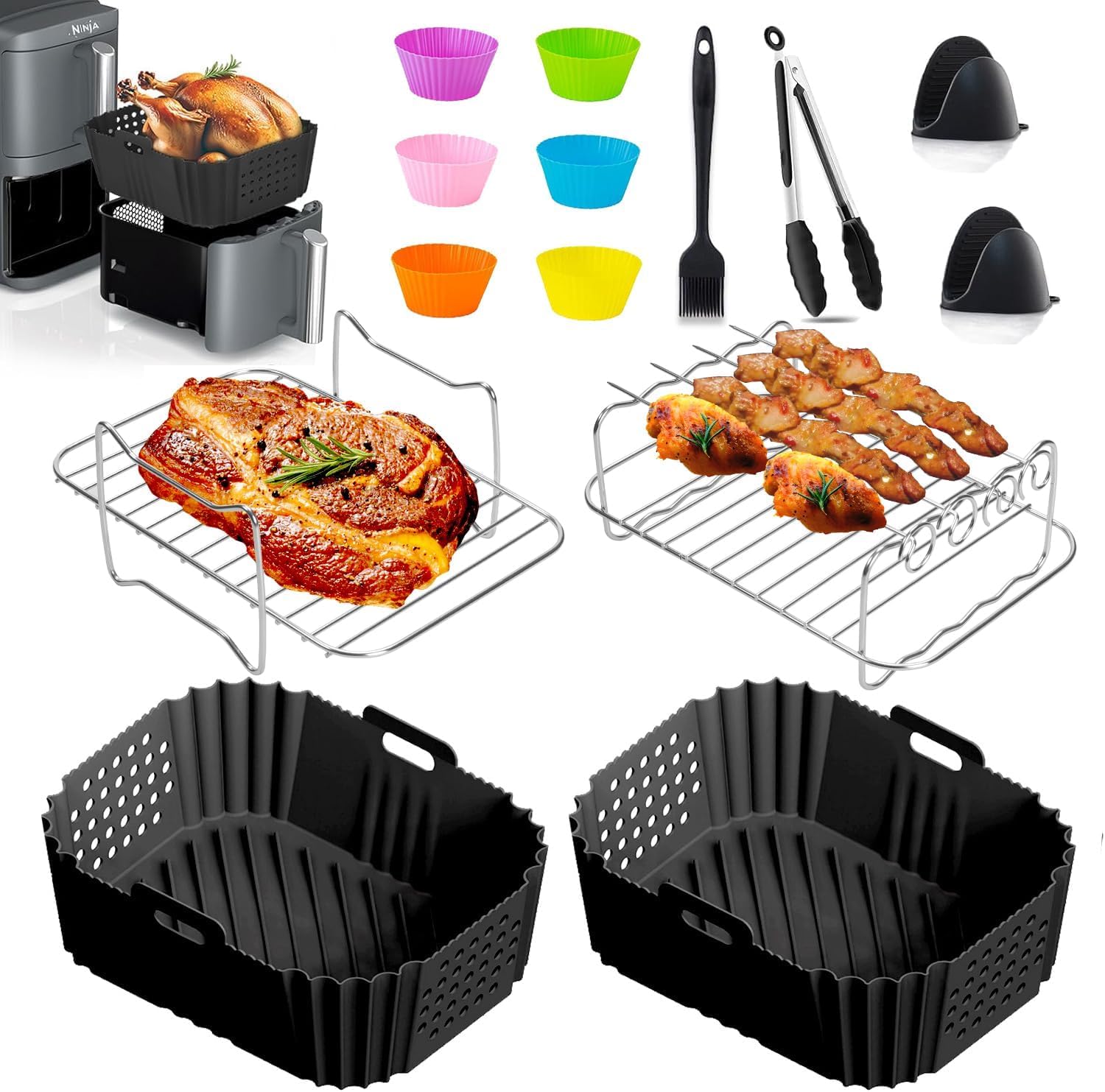Airfryer Zubehör Mit Ninja Double Stack XL SL400EU SL451EU,Heißluftfritteuse Zubehör für Ninja Foodi Max Dual Zone AF300EU/AF400EU,AF451EU 7,6L-9,5L,2 Kammern Einsätze für COSORI 8,5L,Tower,Cookwise
