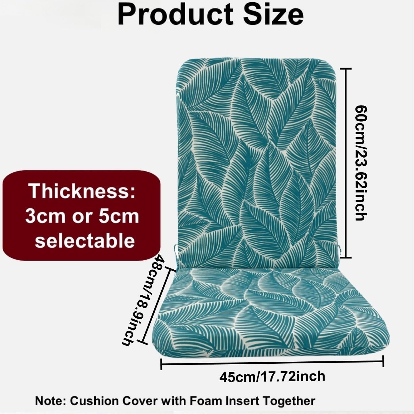 Lot de 2 coussins de chaise de jardin à dossier haut 45 x 108 cm imperméables pour fauteuils, fauteuils inclinables et chaises à bascule 3 cm/5 cm d'épaisseur Vert B Attaches personnalisées