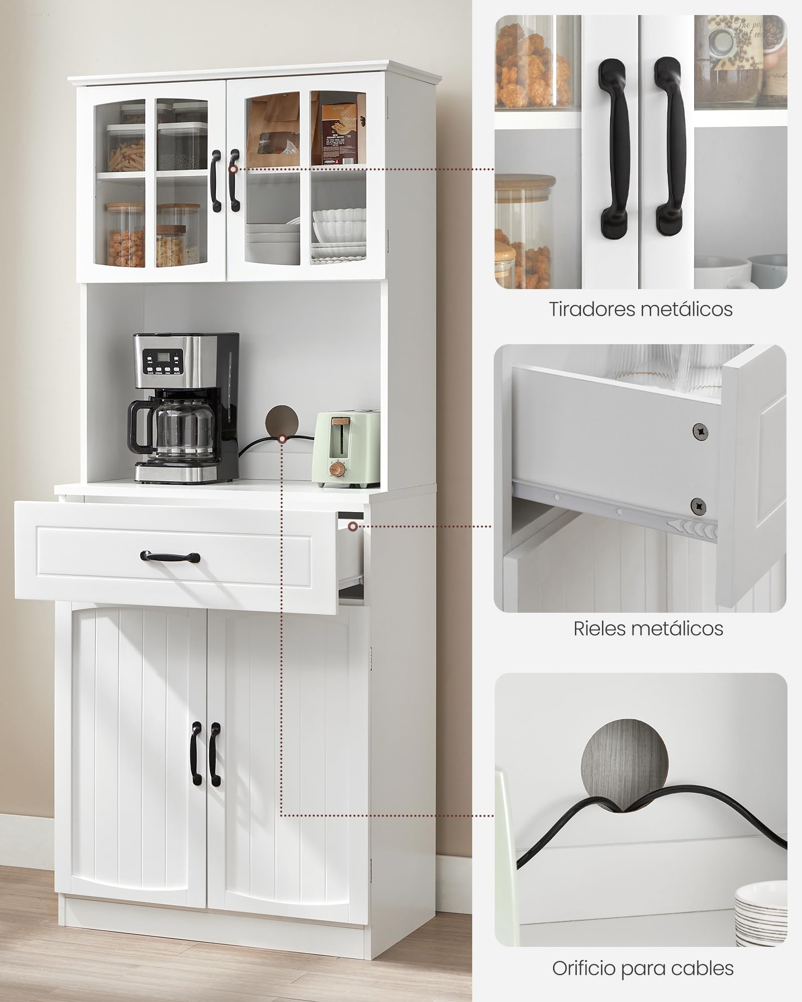 VASAGLE Armario Alto, Armario de Cocina con Puertas de Cristal y Estantes Ajustables, Cajón, Orificio para Cables, para Microondas, Estilo Moderno, Blanco LSC361W21