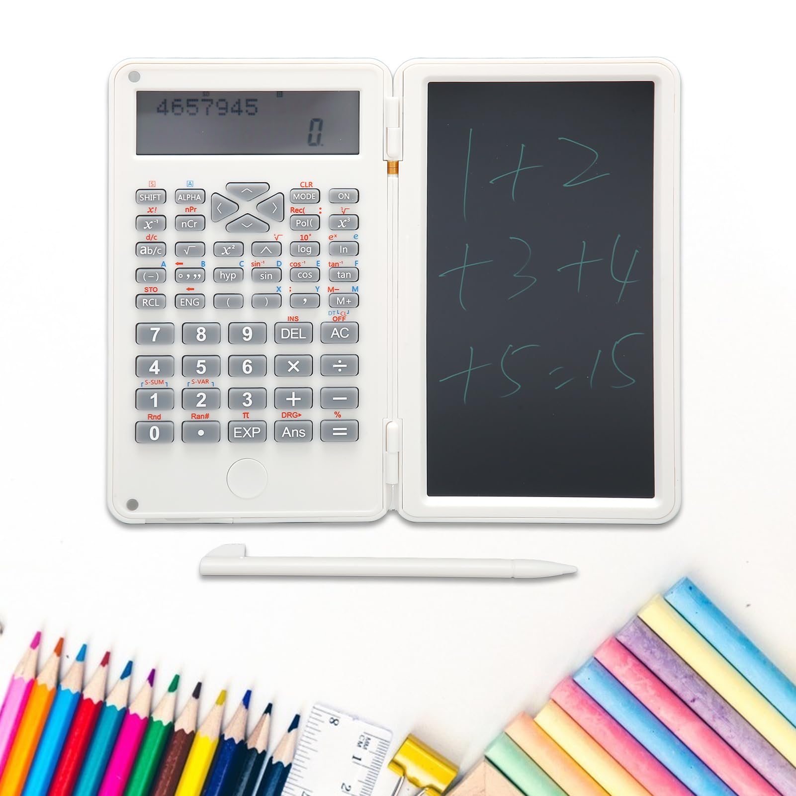 Calcolatrice Scientifica a 10 Bit, Calcolatrice Scientifica LCD con Lavagna e Penna, Adatta per Riunioni Scolastiche e Familiari, Adulti e Studenti, Portatile e Leggera (WHITE)