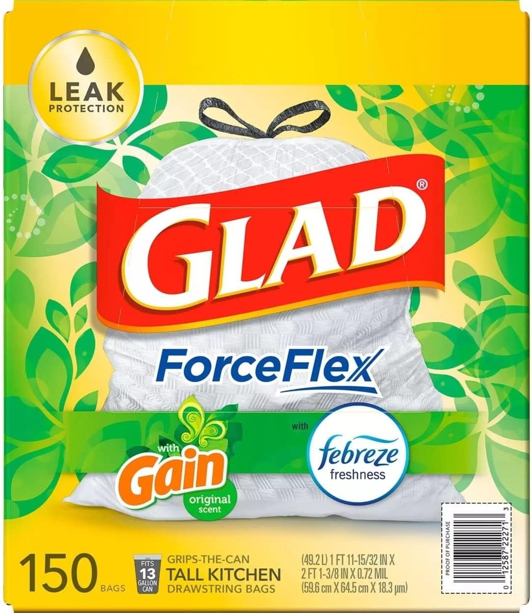 ForceFlex Tall Kitchen Drawstring White Trash Bags, Gain Original Scent with Febreze Freshness (13 gal, 150 ct.)