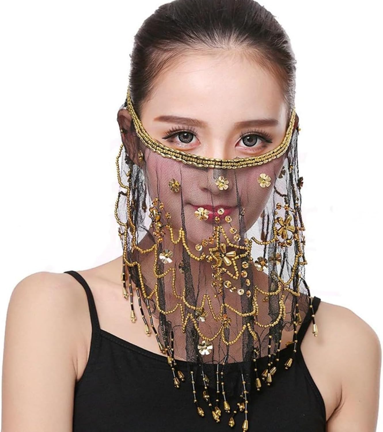 Women Belly Dance Face Veil with Sequins Beads India Dance Outfit for Halloween Accessory Costumes - Image 4