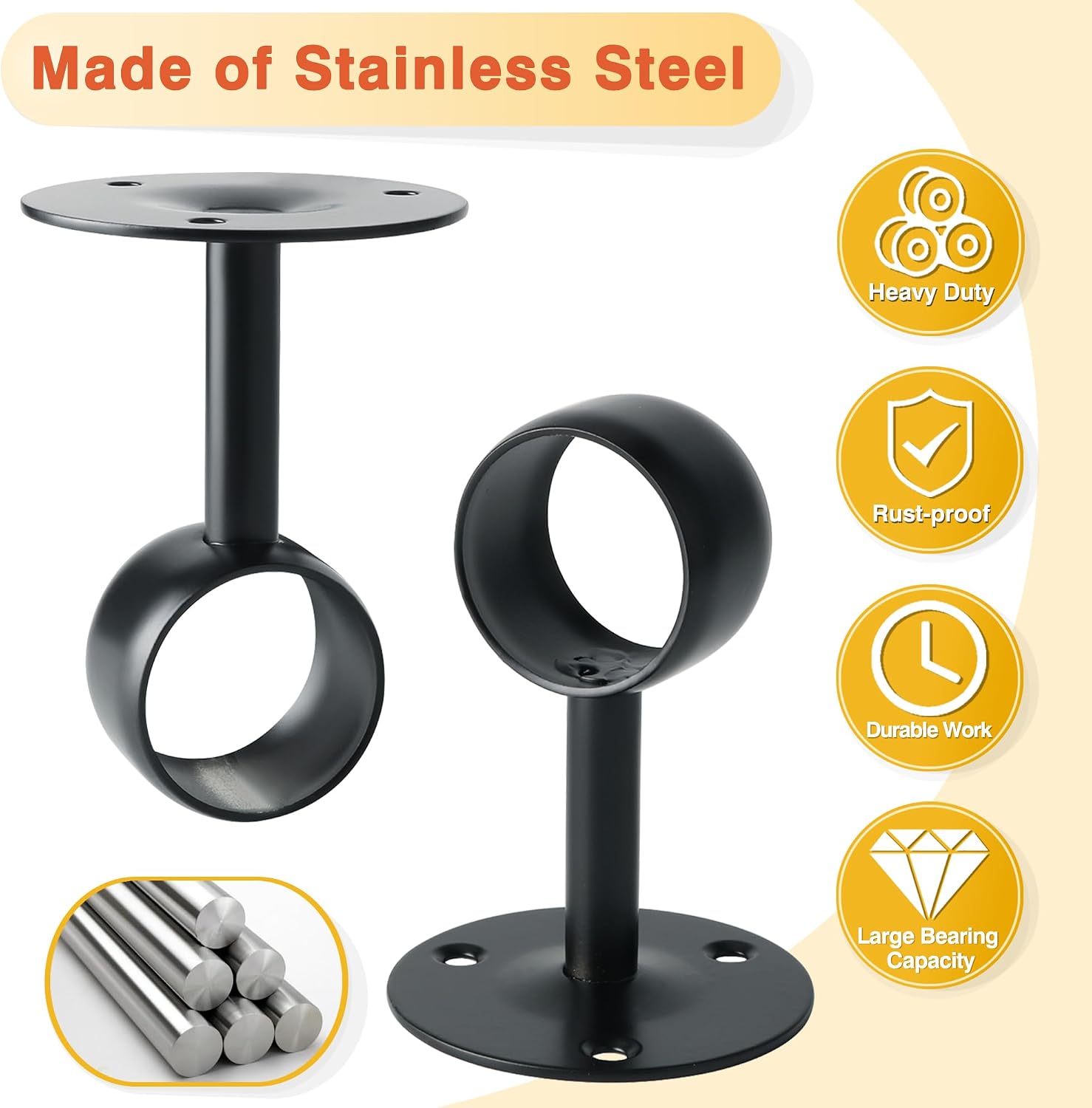 Alise Curtain Rod Holder Bracket 38mm DiaCloset Rod Holders Wall Mount,Ceiling Mounted Curtain Rod Flange Brackets,Ceiling Curtain Rods Brackets for Bathroom Curtain,Stainless Steel Black Finish,4 Pcs