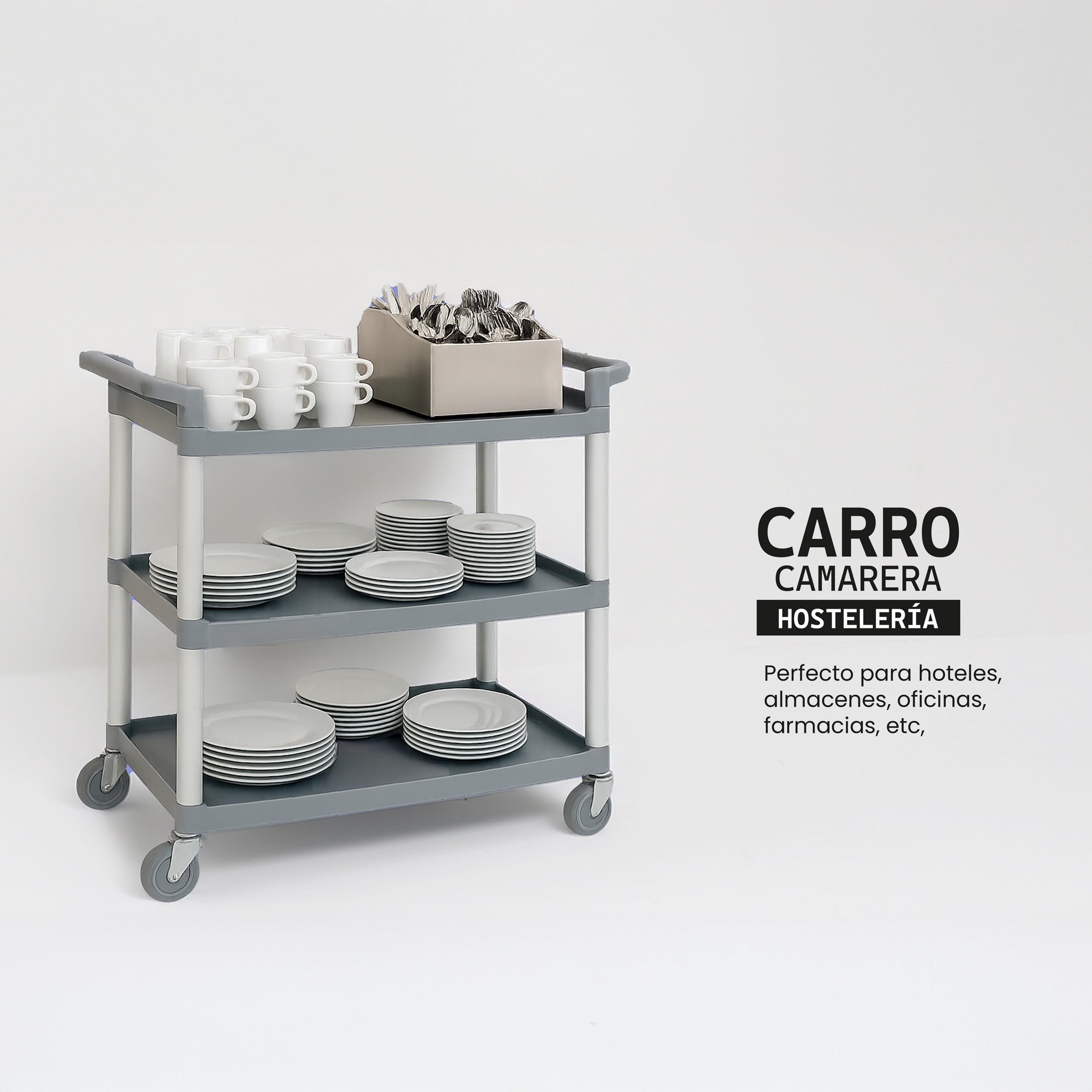 Carro hostelero Profesional con 3 bandejas y Ruedas de Acero y Polipropileno. Mediads 102x50x96 (L x F x A)