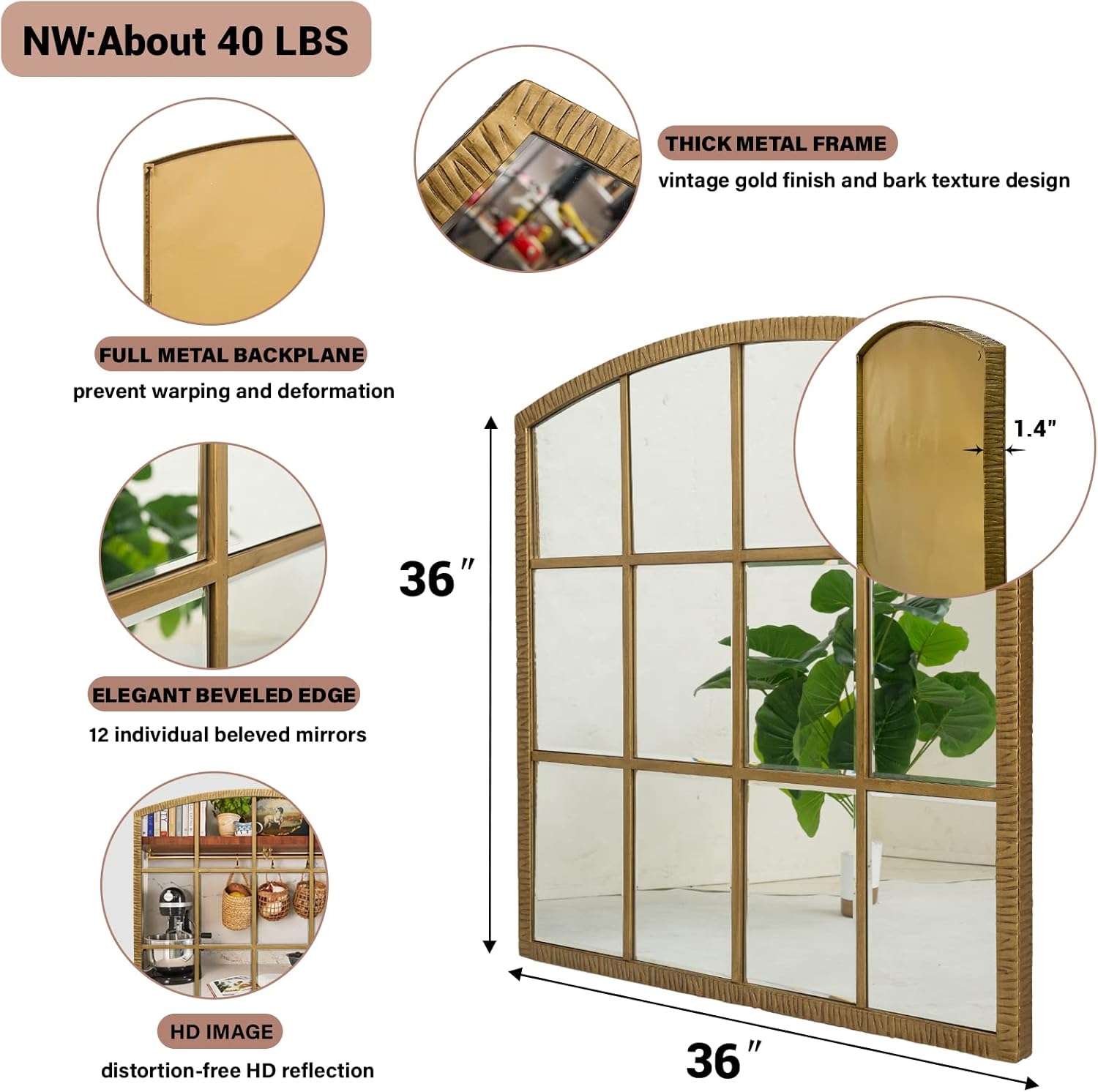 36 Inch Arched Window Mirror, Windowpane Decorative Mirror with Beveled, Metal Large Accent Mirrors, Grid Wall Mirrors for Living Room, Entryway, Vintage Gold