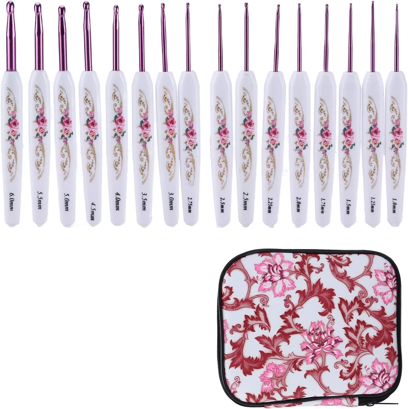16pcs Crochet Hooks Set, Ergonomic Handle Crochet Hooks Knitting Needles with Case 1.0mm to 6.0mm Crochet Needles for Yarn Craft(Pink)