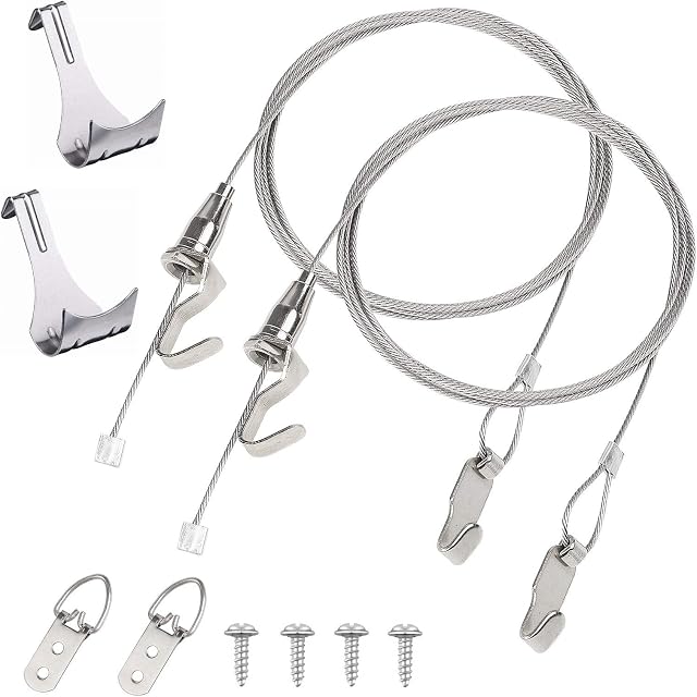 Hyber&Cara Picture & Mirror Hanging Wire Kit - 2m × Φ2mm Stainless Steel Wire with 1 Adjustable Hook + D-Ring Frame Hangers + Picture Rail Moulding Hooks