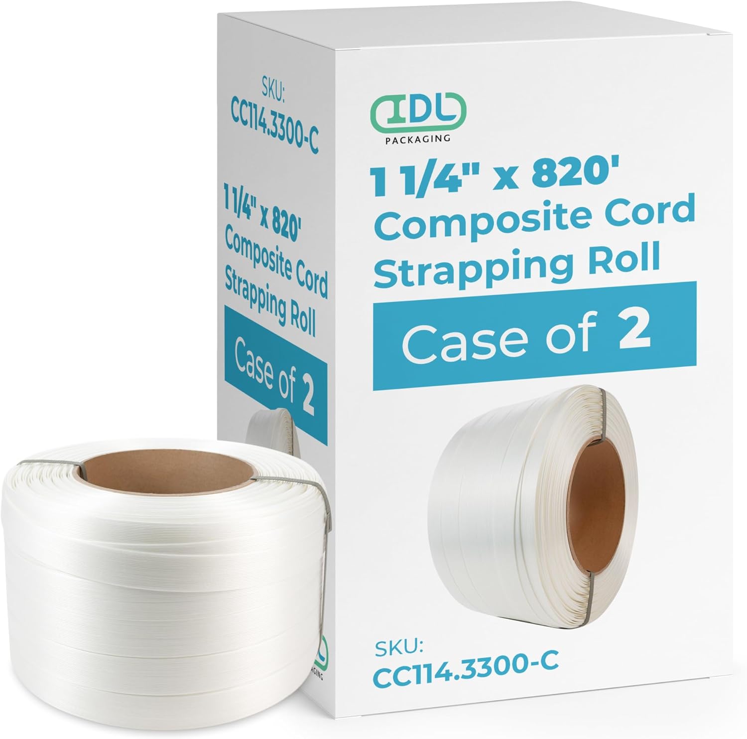 IDL Packaging 3/4" x 1640' Composite Cord Strapping Roll of 8" x 8" Core Size, 1375 lbs Break Strength, White - Rust-Free and Weatherproof Cord Strapping with Re-Tightening Option (Pack of 2)