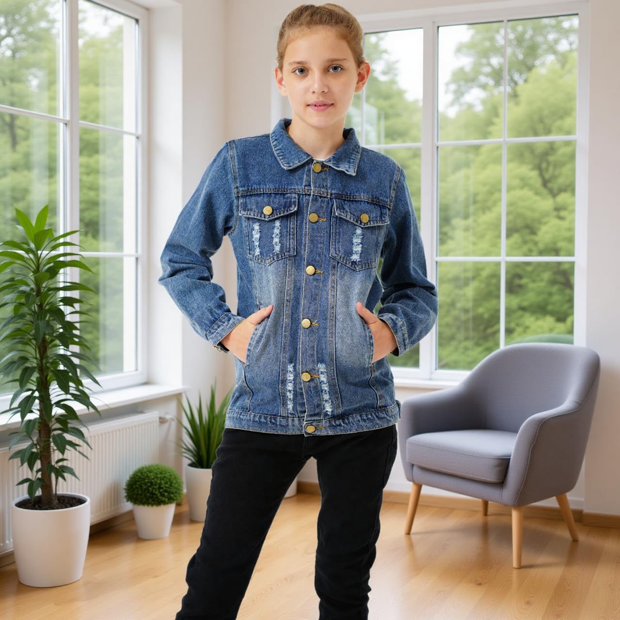 YJBQ Giacca jeans e giaccone denim per ragazzi e ragazze, completati da top trendy. Abbigliamento strappato blu per teenager 5-14 anni.