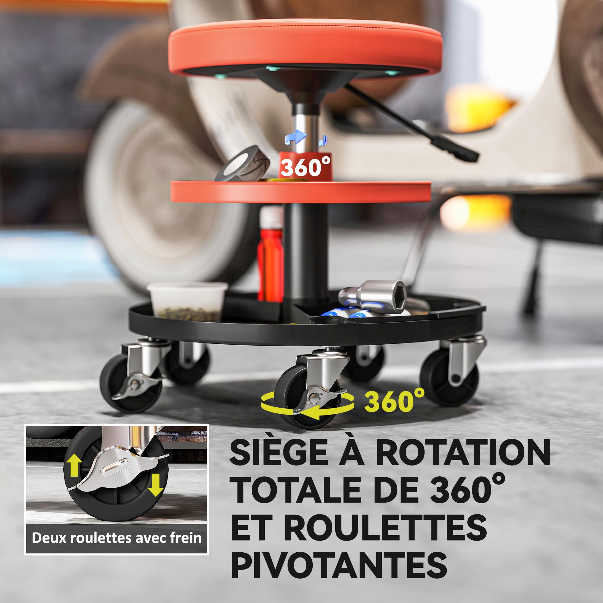 HOMCOM Tabouret d'atelier à roulettes, Hauteur Réglable 40-51 cm, Jaune | Tabouret de Mécanicien, 2 Étagères à Outils, Siège Pivotant, Charge Max 135 kg