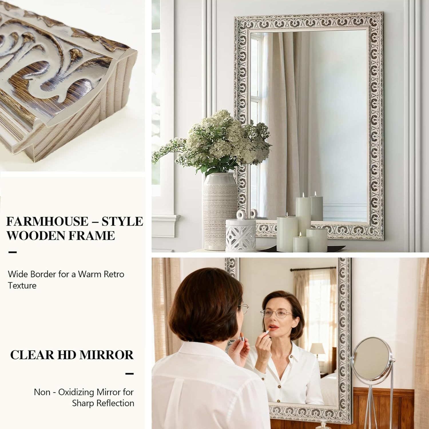 White Bathroom Mirrors for Over Sink, 36.6" x 24.8" Vintage Farmhouse Decorative White Wall Mirror with Ornate Butterfly Carvings Solid Wood Frame, for Bedroom, Living Room, Entryway