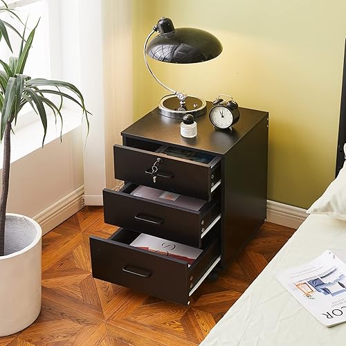 Miniatura 4 de TUKAILAi Archivador móvil con 3 cajones, unidad de almacenamiento con cerradura, archivador de madera con ruedas, para documentos de tamaño