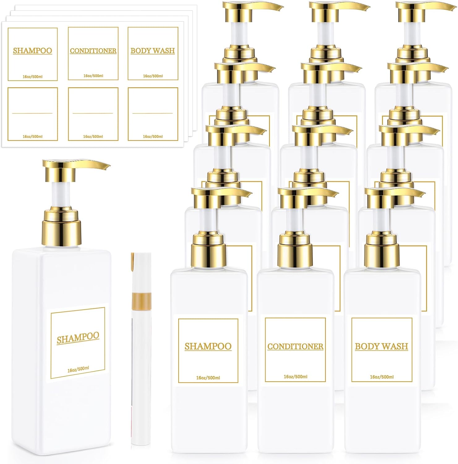 Gejoy 12 Pack White Shampoo and Conditioner Dispenser Bottles, 17 Oz/ 500ml Empty Refillable Pump Bottles with Labels and Marker Pen, Square Plastic Pump Dispenser Bottle for Bathroom Body Wash Shower