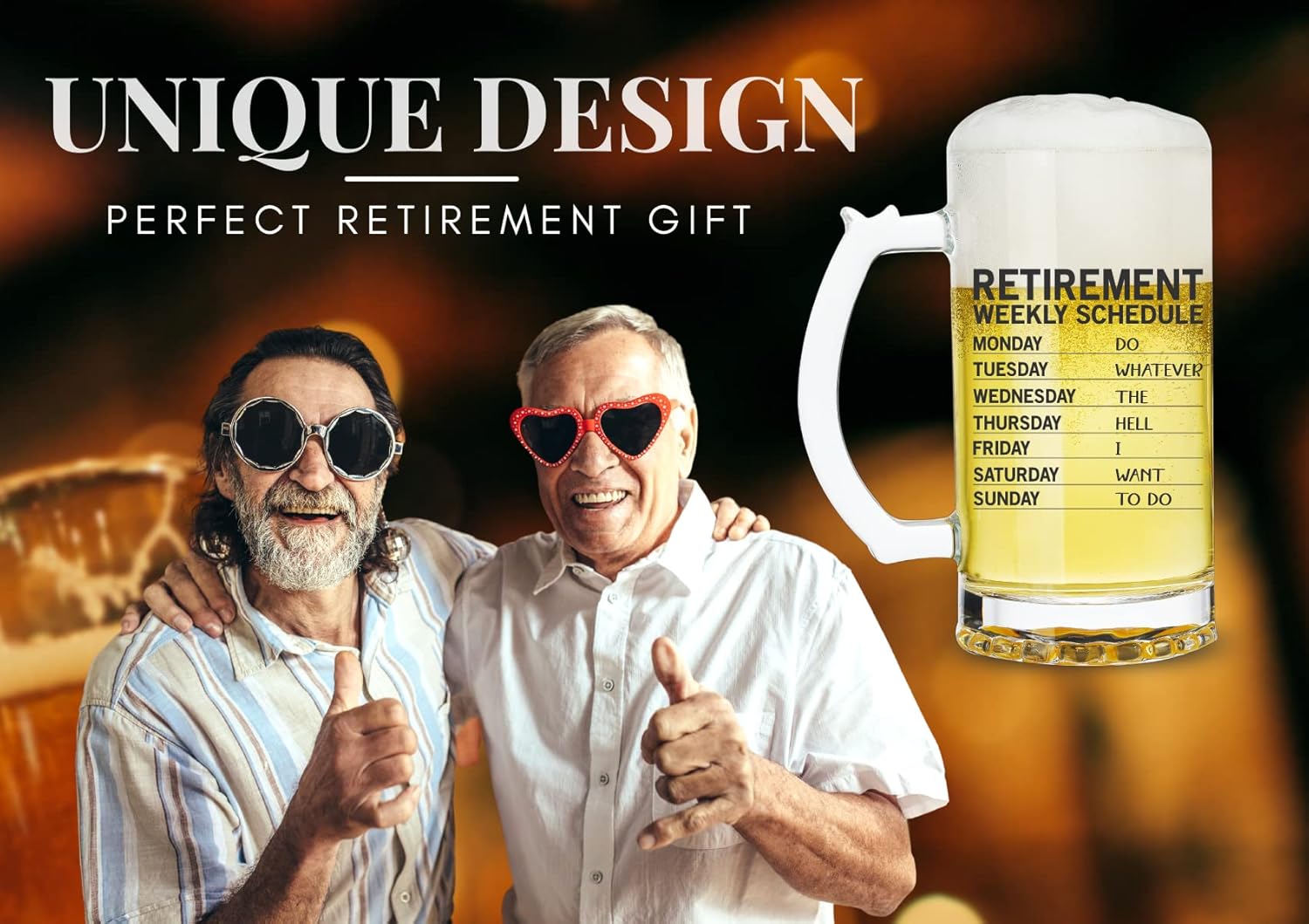Onebttl Retirement Gifts for Men, Funny Retirement Beer Mug 17oz (500ml), Retired Gifts for Grandpa, Police, Teacher, Boss, Beer Glass Gifts for Retired Men - Retirement Weekly Schedule - Image 2