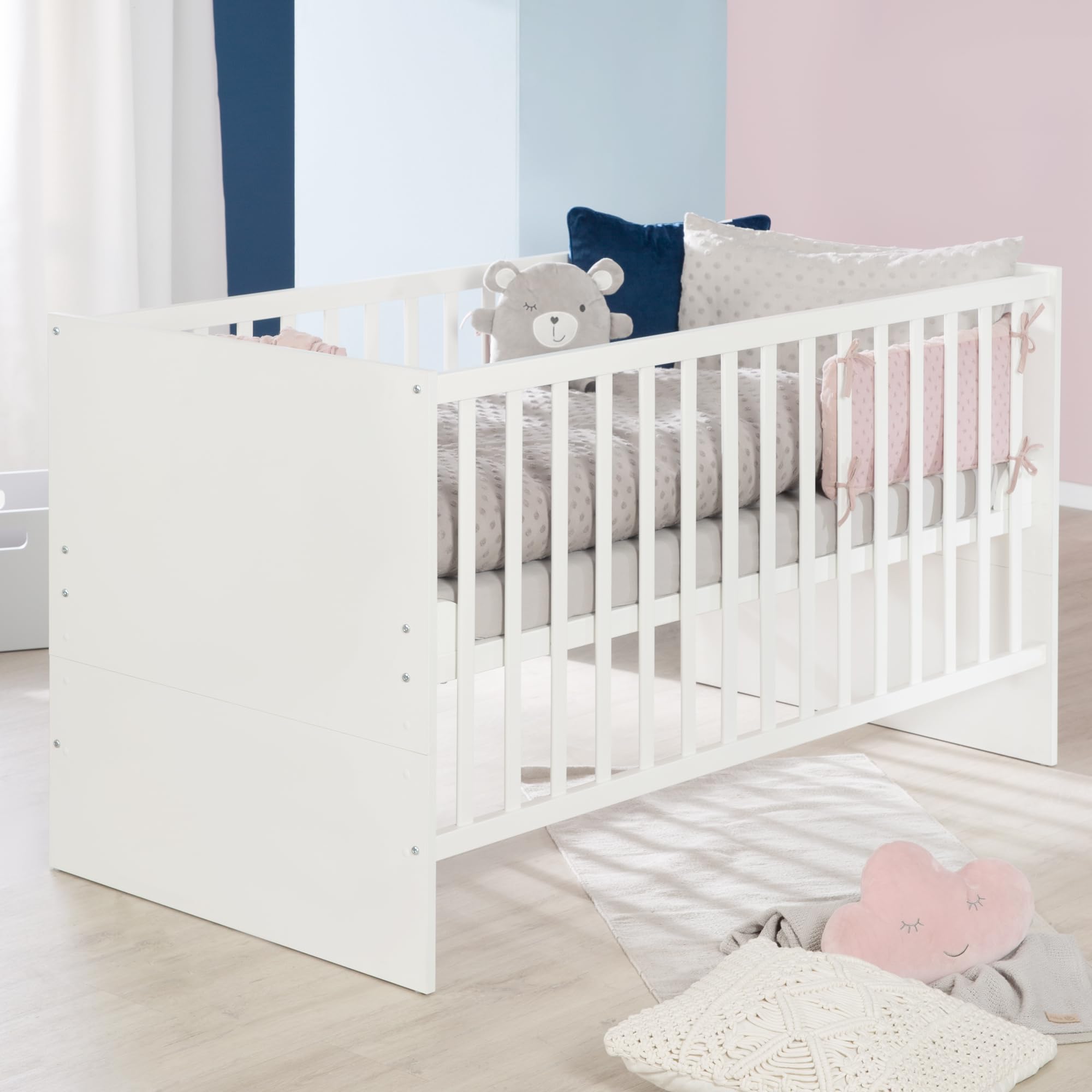 roba Cuna Evolutiva 70 x 140 cm Anton - Convertible en Cama Infantil - Ajustable en Altura - Incluye Lados de Conversión - 3 Barrotes Extraíbles - Madera Lacada Blanca